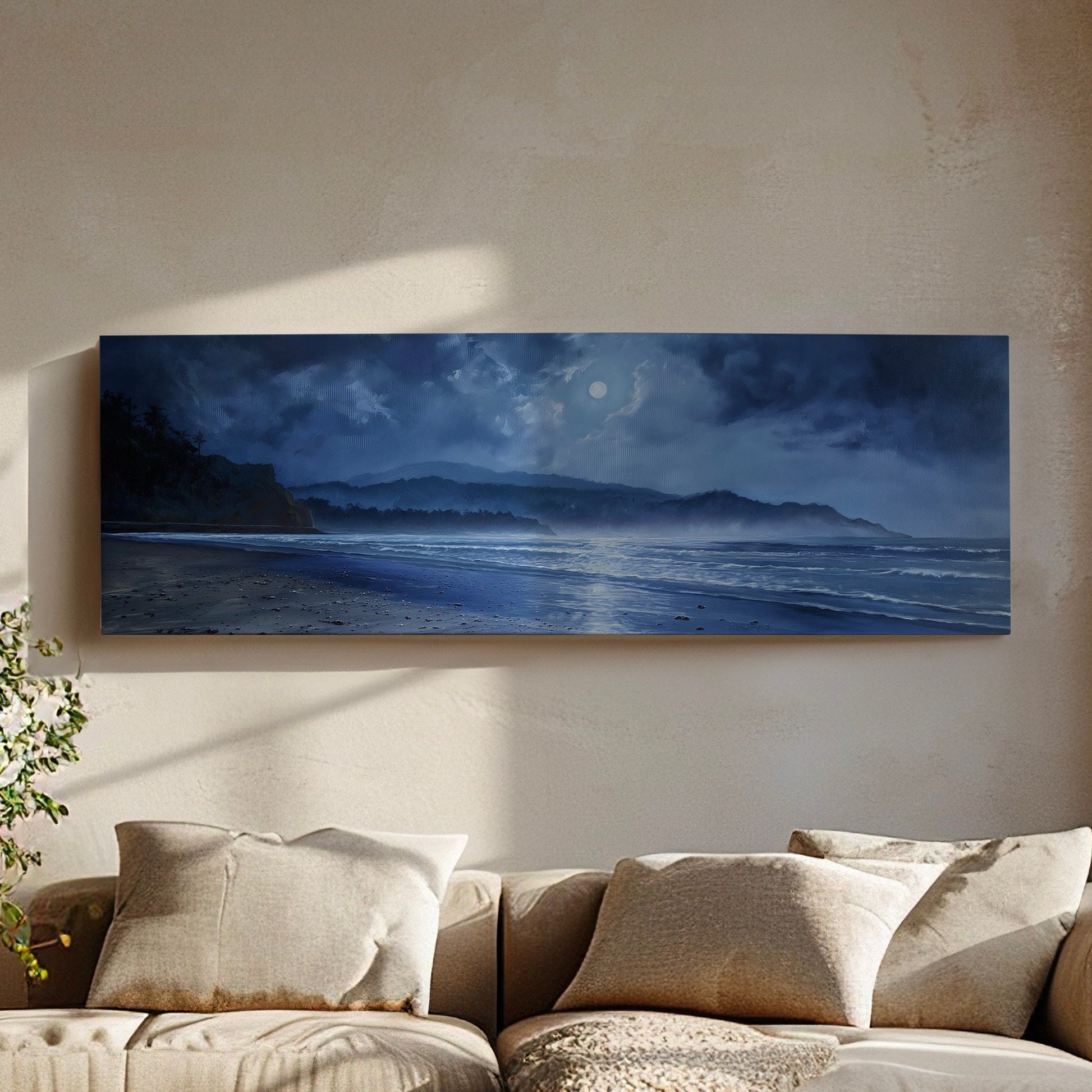 Blue Beach At Night Above Bed Wall Art Ocean Waves, Panoramic Sandy Beach Canvas Print, Full Moon Long Horizontal Canvas Art