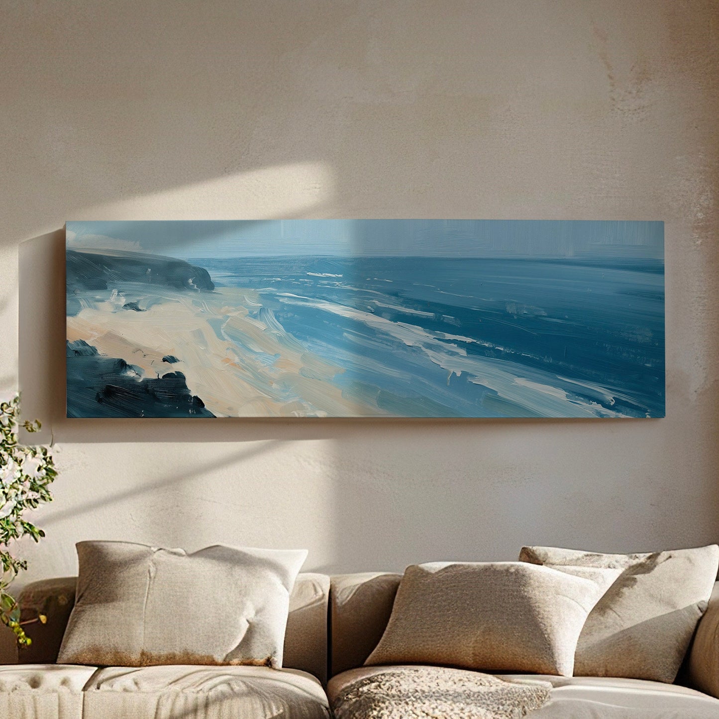 Blue Beach From Above Above Bed Wall Art Ocean Waves, Panoramic Sandy Beach Canvas Print, Oil Painting Long Horizontal Canvas Art