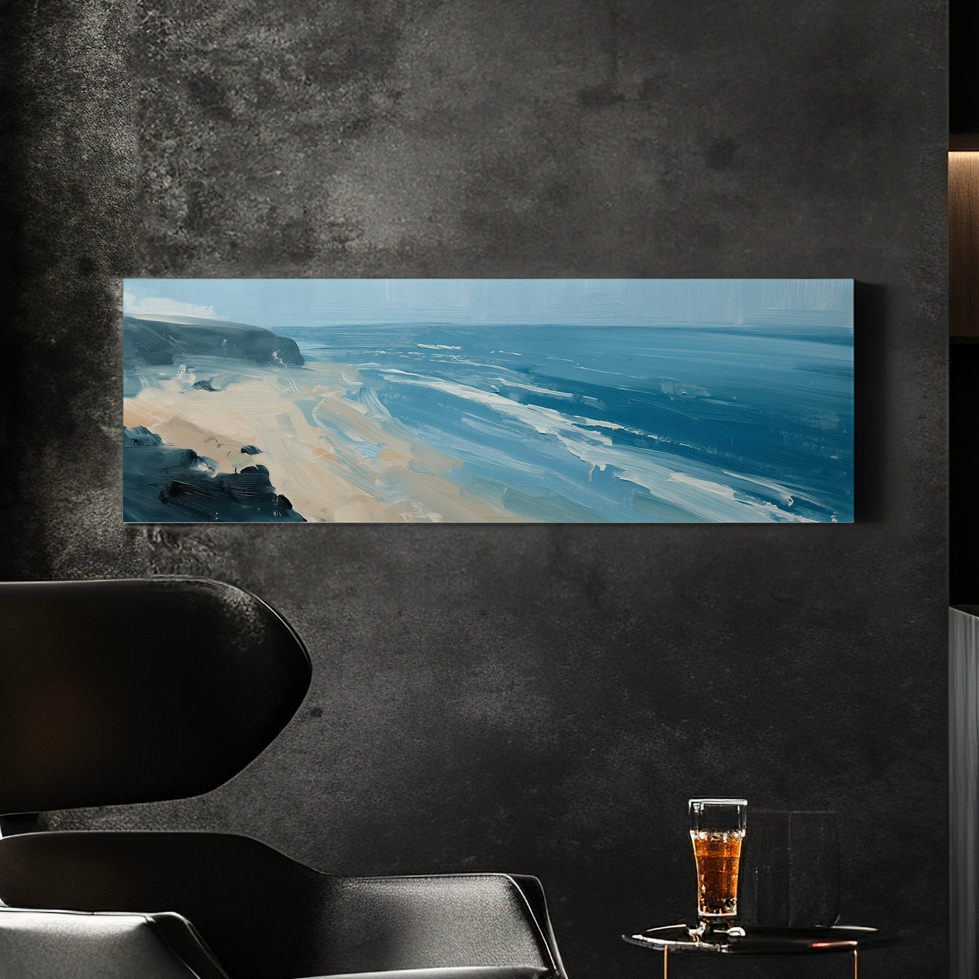 Blue Beach From Above Above Bed Wall Art Ocean Waves, Panoramic Sandy Beach Canvas Print, Oil Painting Long Horizontal Canvas Art
