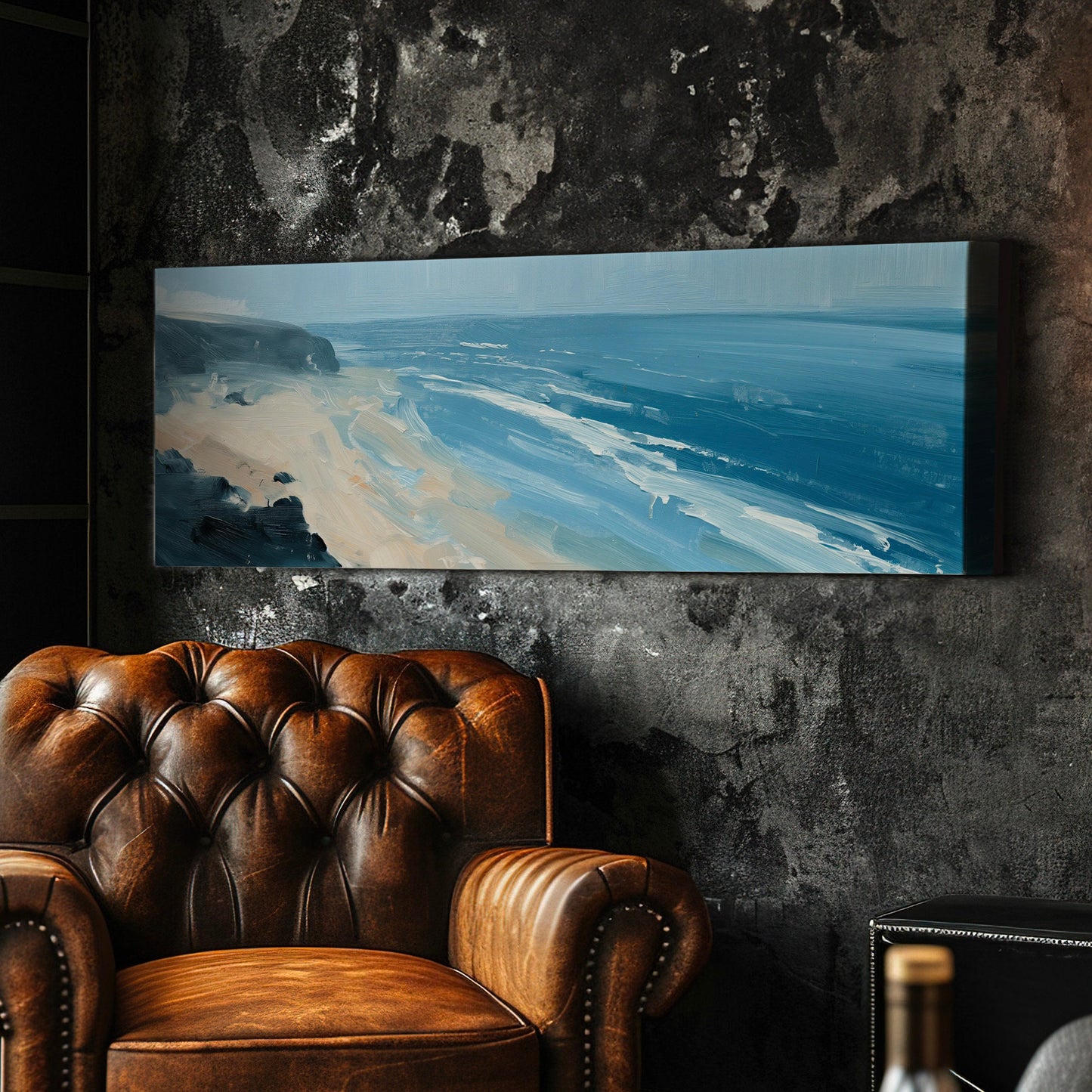 Blue Beach From Above Above Bed Wall Art Ocean Waves, Panoramic Sandy Beach Canvas Print, Oil Painting Long Horizontal Canvas Art
