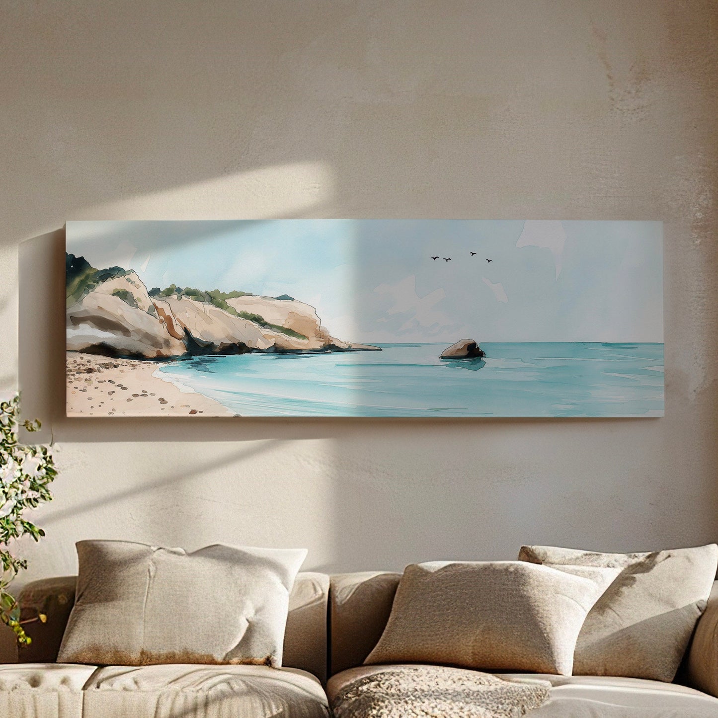 Blue Beach Above Bed Wall Art Ocean Waves, Panoramic Sandy Beach Canvas Print, Summer Long Horizontal Canvas Art