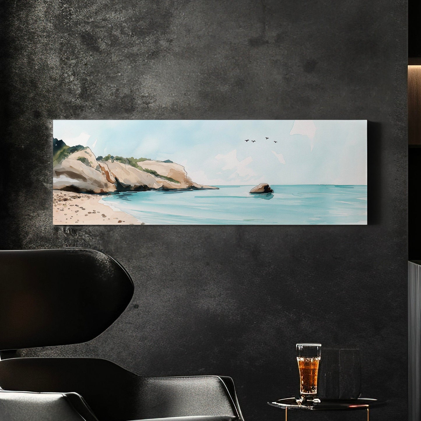 Blue Beach Above Bed Wall Art Ocean Waves, Panoramic Sandy Beach Canvas Print, Summer Long Horizontal Canvas Art