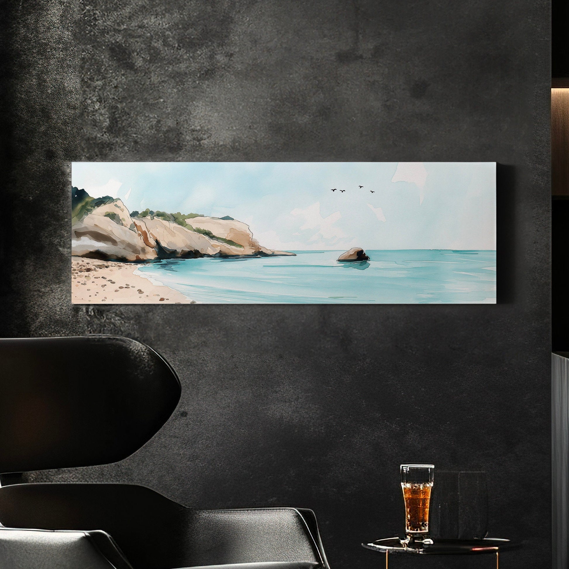 Blue Beach Above Bed Wall Art Ocean Waves, Panoramic Sandy Beach Canvas Print, Summer Long Horizontal Canvas Art