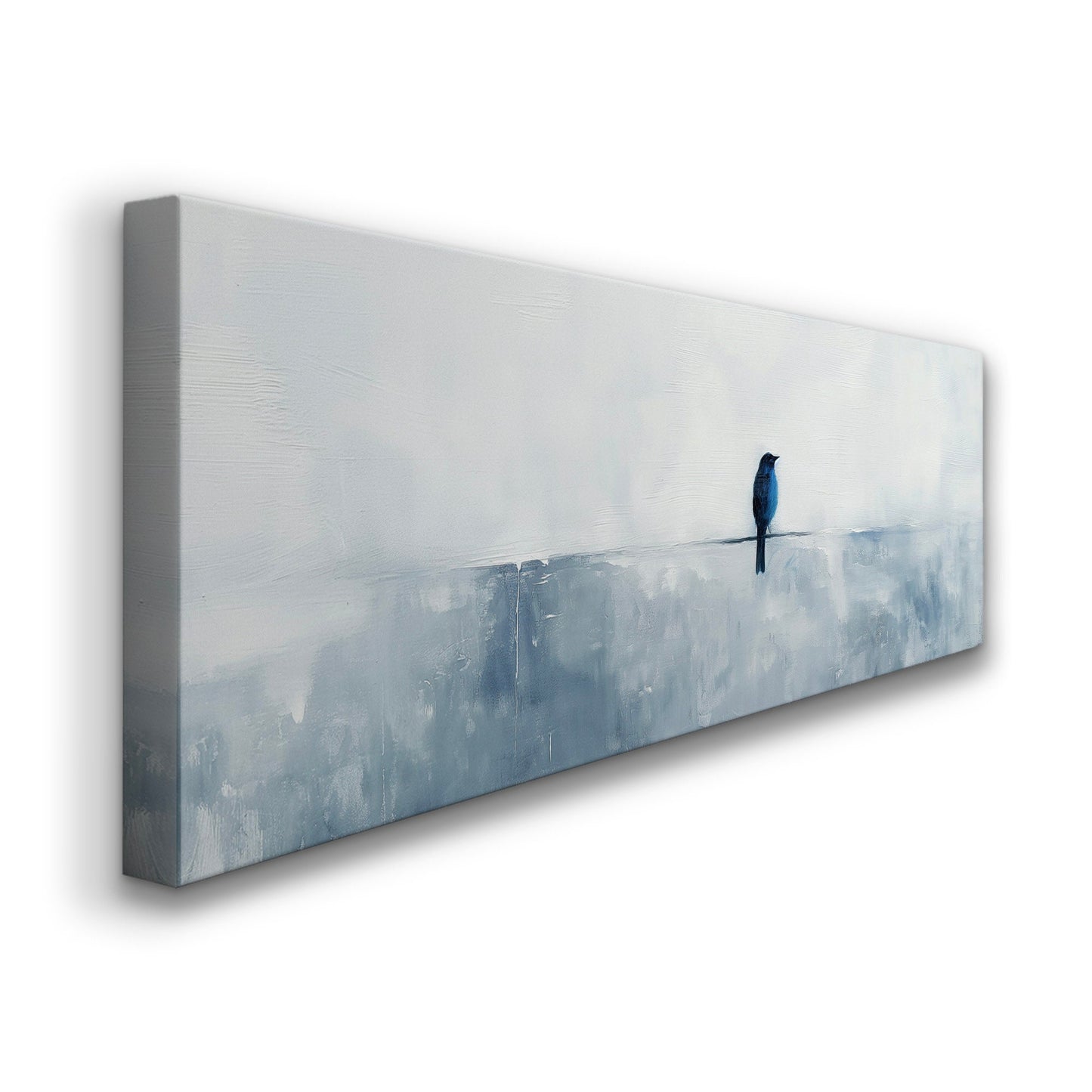 Blue Bird Above Bed Wall Art Minimal, Panoramic Neutral Canvas Print, Nature Long Horizontal Canvas Art