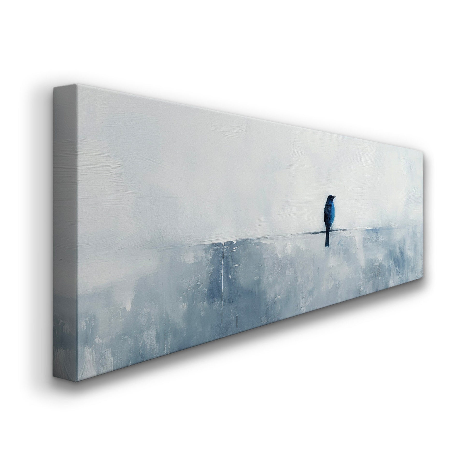 Blue Bird Above Bed Wall Art Minimal, Panoramic Neutral Canvas Print, Nature Long Horizontal Canvas Art