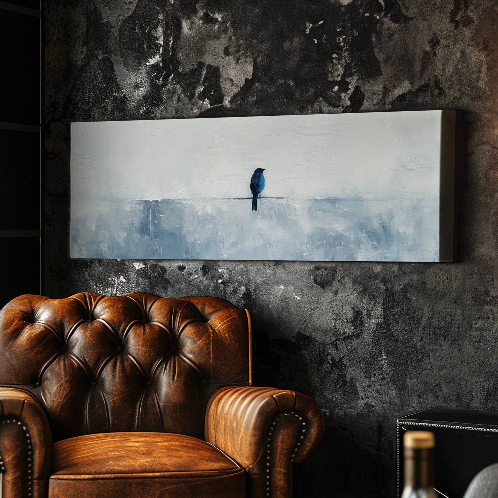 Blue Bird Above Bed Wall Art Minimal, Panoramic Neutral Canvas Print, Nature Long Horizontal Canvas Art