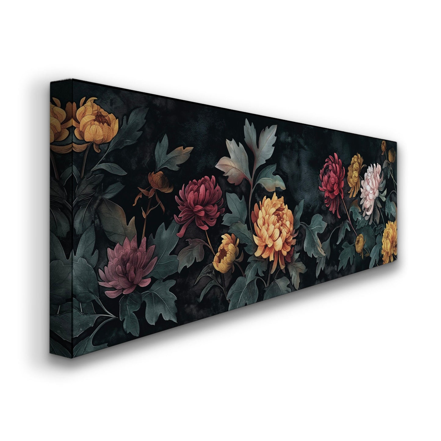 Chrysanthemums Above Bed Wall Art Muted Color, Panoramic Floral Canvas Print, Renaissance Long Horizontal Canvas Art