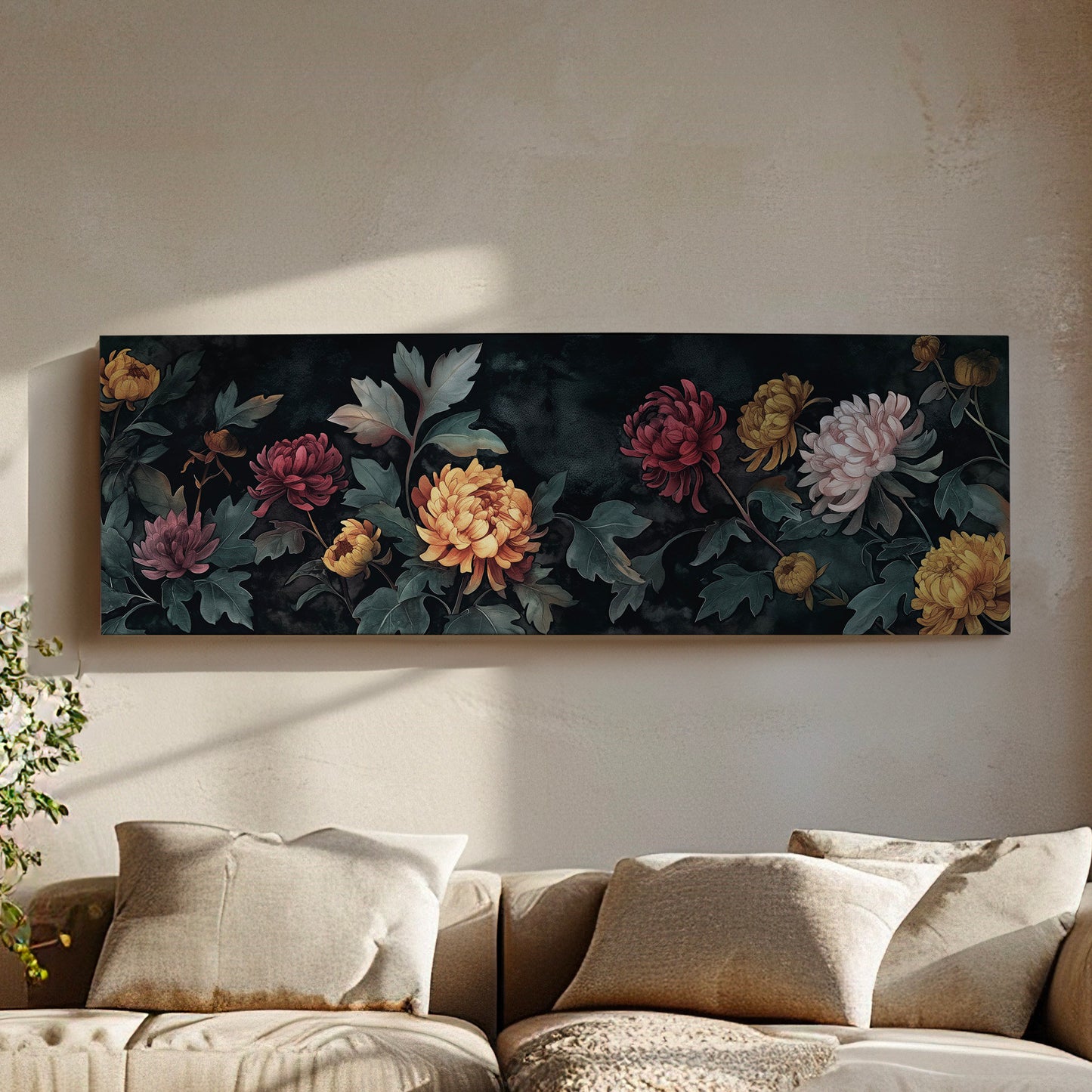 Chrysanthemums Above Bed Wall Art Muted Color, Panoramic Floral Canvas Print, Renaissance Long Horizontal Canvas Art