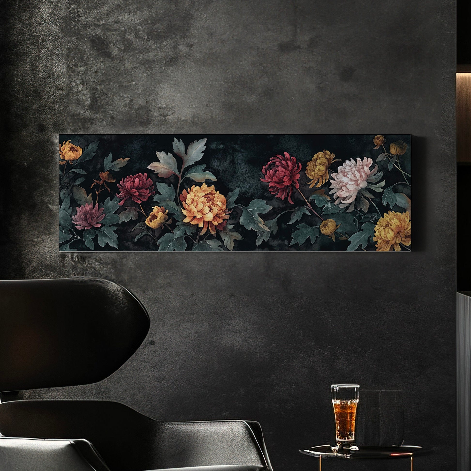 Chrysanthemums Above Bed Wall Art Muted Color, Panoramic Floral Canvas Print, Renaissance Long Horizontal Canvas Art