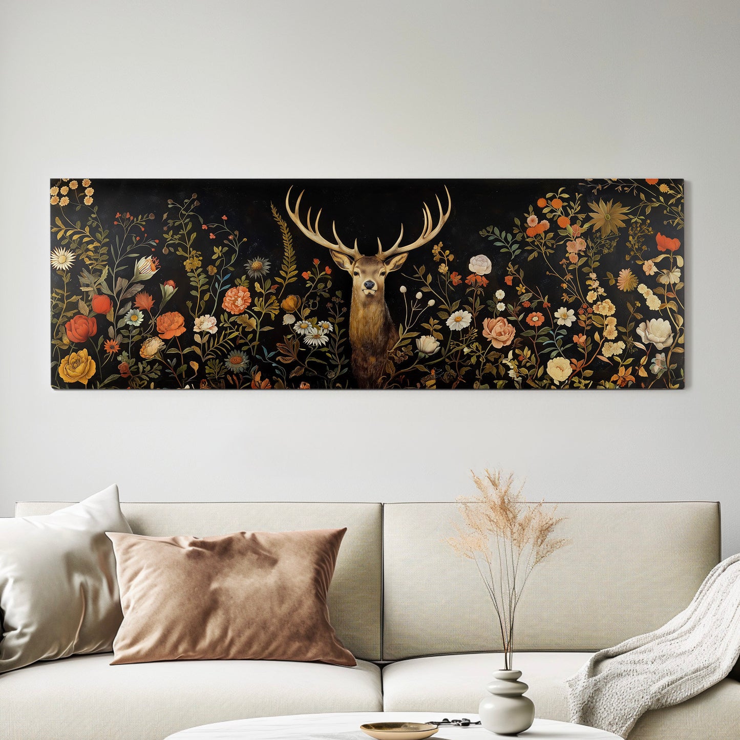 Deer In The Forest Above Bed Wall Art Wildlife, Panoramic Floral Canvas Print, Antlers Long Horizontal Canvas Art