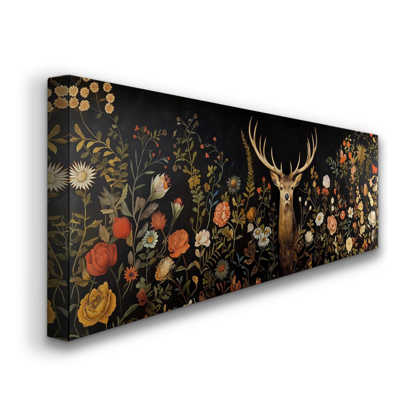 Deer In The Forest Above Bed Wall Art Wildlife, Panoramic Floral Canvas Print, Antlers Long Horizontal Canvas Art