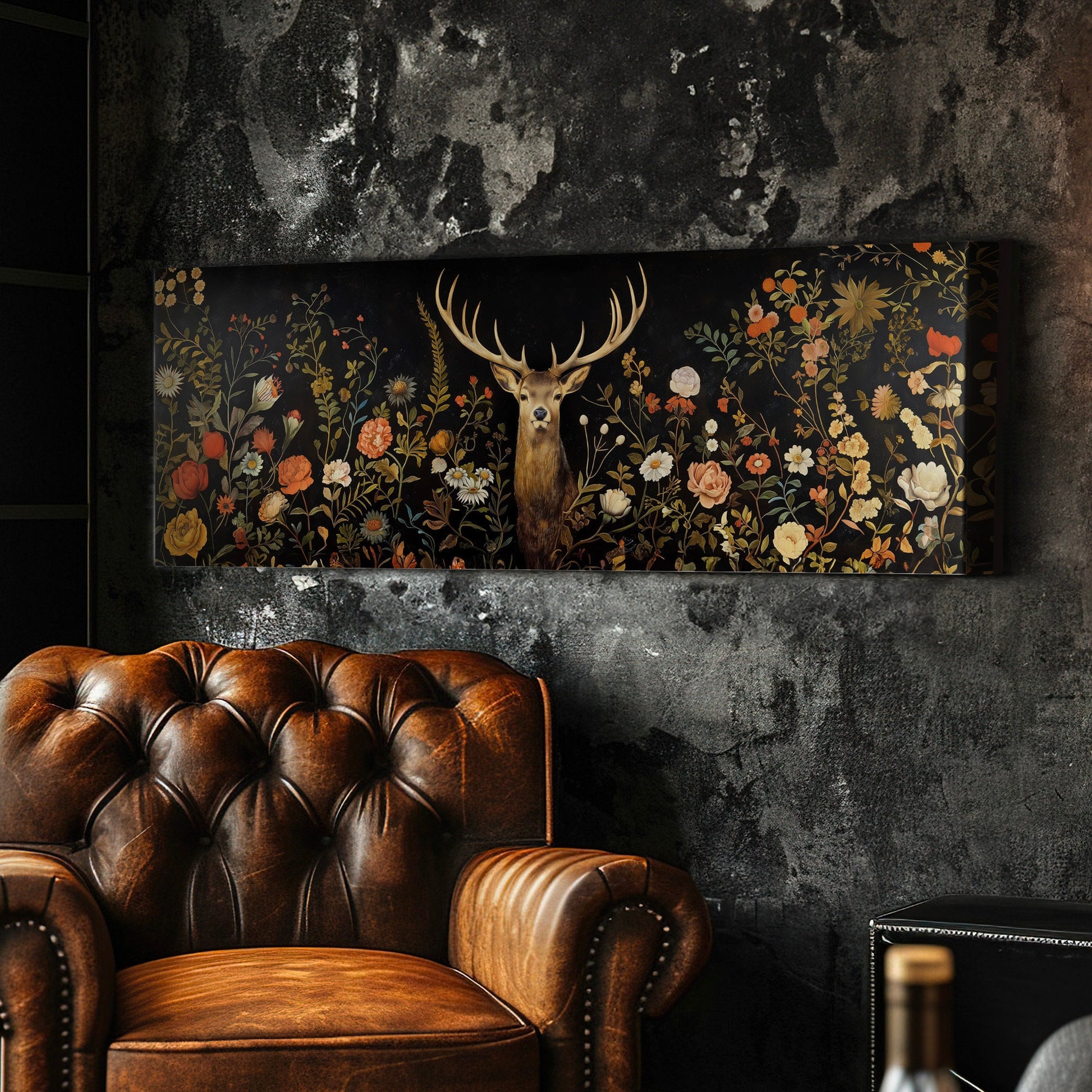 Deer In The Forest Above Bed Wall Art Wildlife, Panoramic Floral Canvas Print, Antlers Long Horizontal Canvas Art