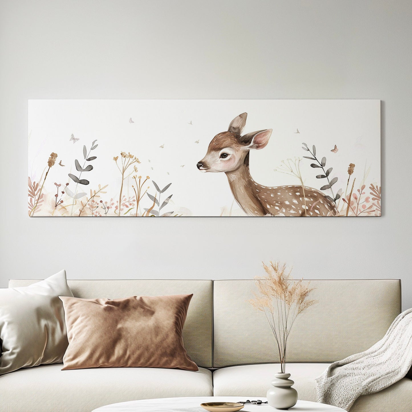 Deer Nursery Above Bed Wall Art Neutral, Panoramic Wildlife Canvas Print, Minimal Long Horizontal Canvas Art