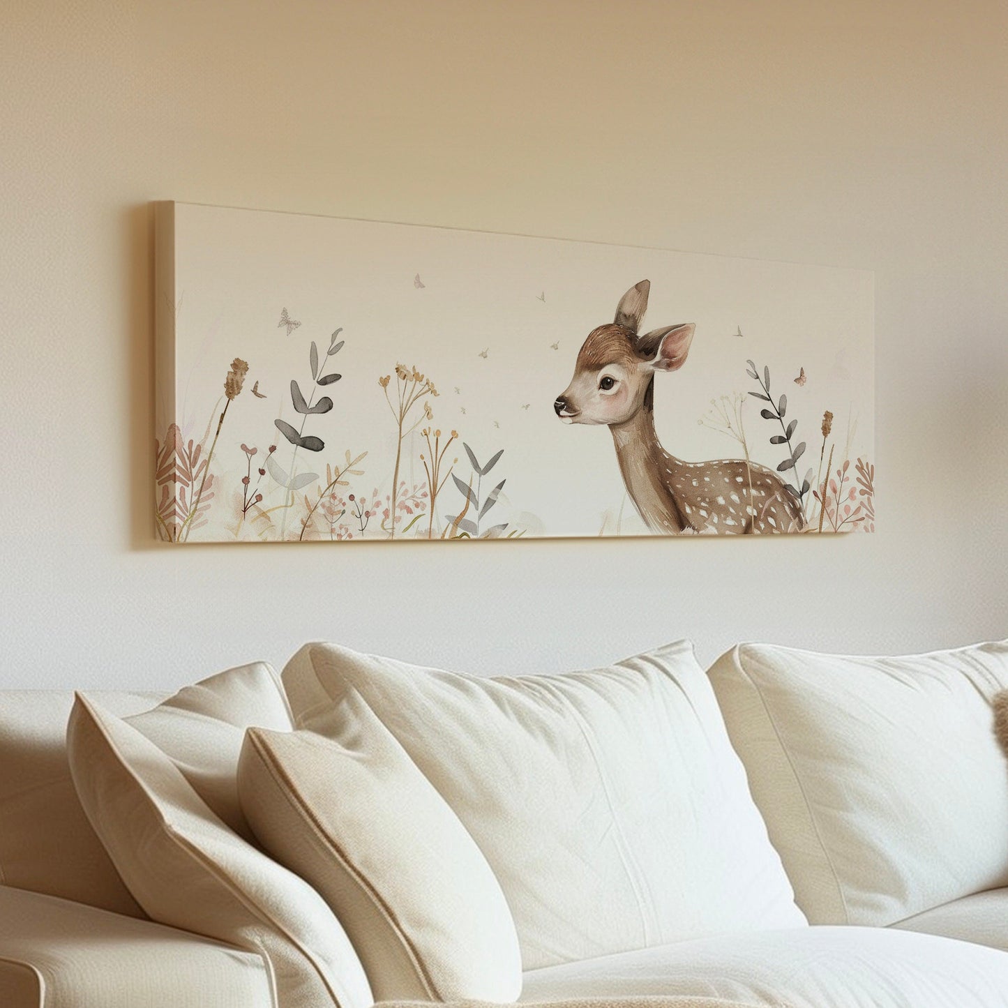 Deer Nursery Above Bed Wall Art Neutral, Panoramic Wildlife Canvas Print, Minimal Long Horizontal Canvas Art