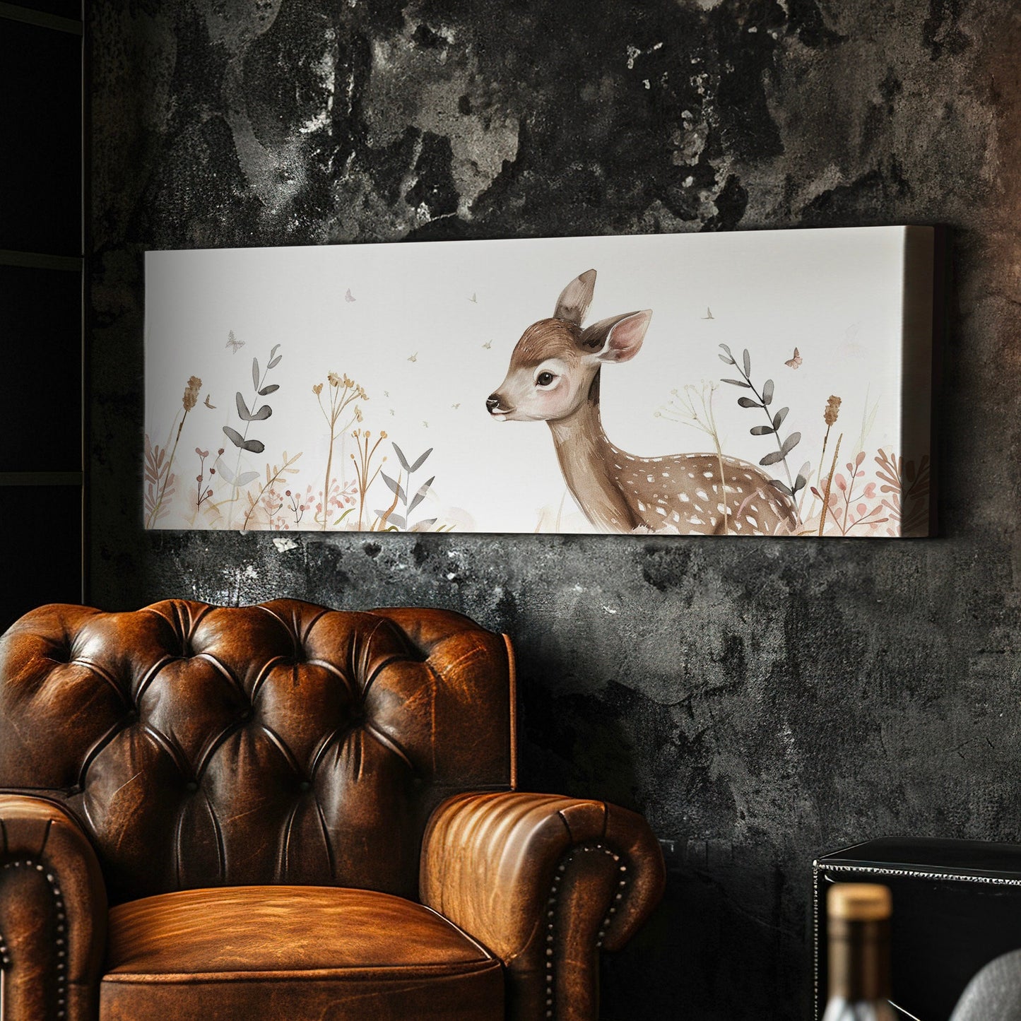Deer Nursery Above Bed Wall Art Neutral, Panoramic Wildlife Canvas Print, Minimal Long Horizontal Canvas Art