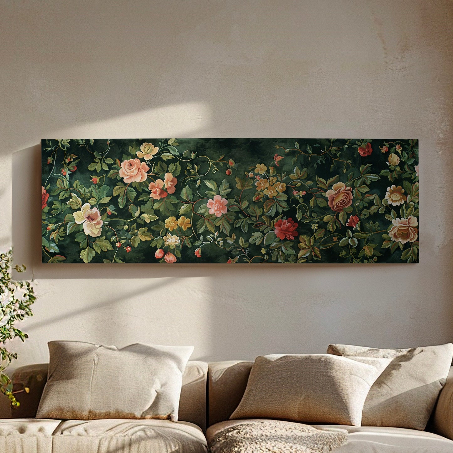 Floral Tapestry Above Bed Wall Art Spring Meadow, Panoramic Pink Roses Canvas Print, Nature Long Horizontal Canvas Art