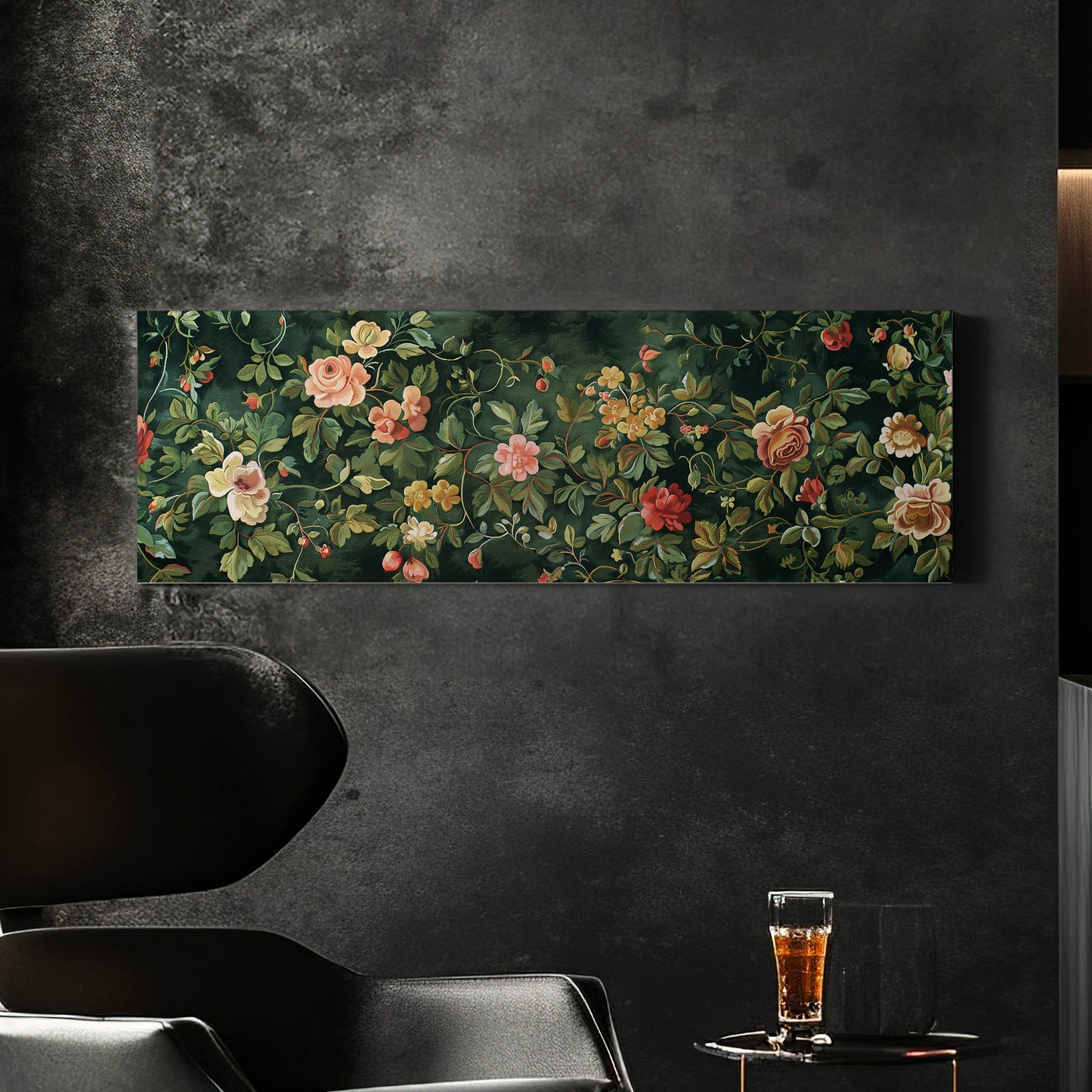 Floral Tapestry Above Bed Wall Art Spring Meadow, Panoramic Pink Roses Canvas Print, Nature Long Horizontal Canvas Art