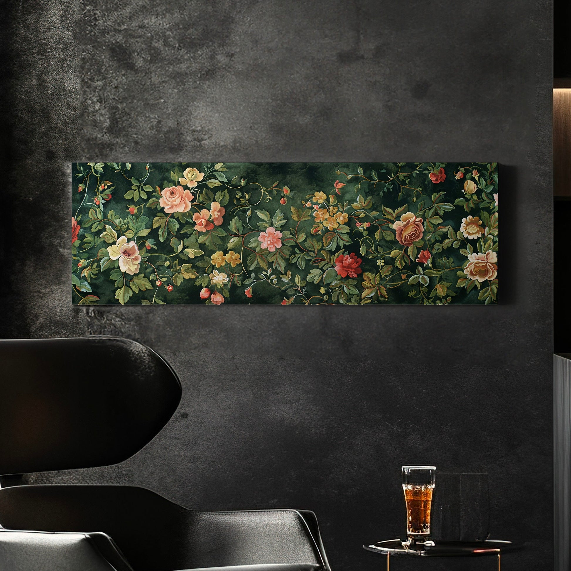 Floral Tapestry Above Bed Wall Art Spring Meadow, Panoramic Pink Roses Canvas Print, Nature Long Horizontal Canvas Art