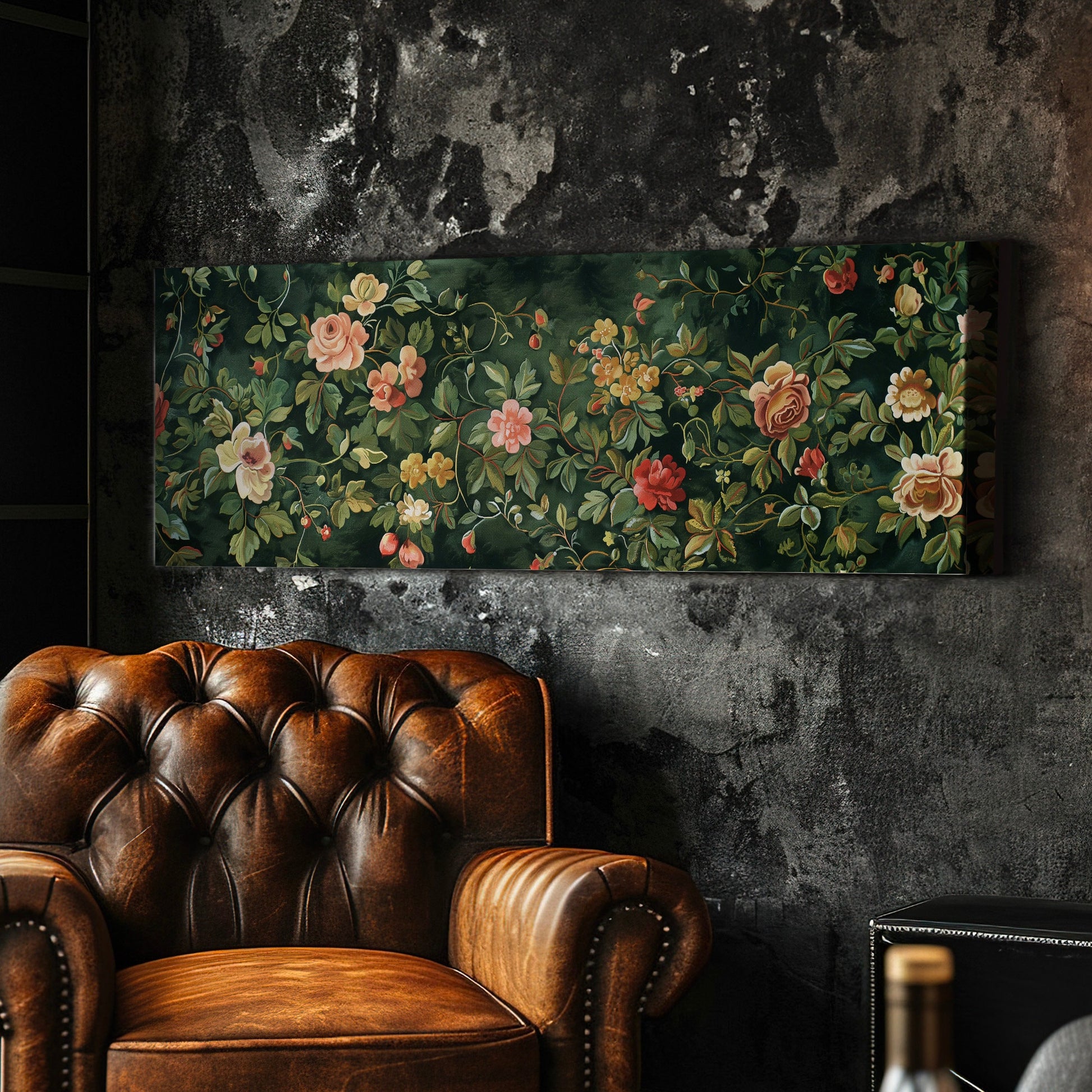 Floral Tapestry Above Bed Wall Art Spring Meadow, Panoramic Pink Roses Canvas Print, Nature Long Horizontal Canvas Art