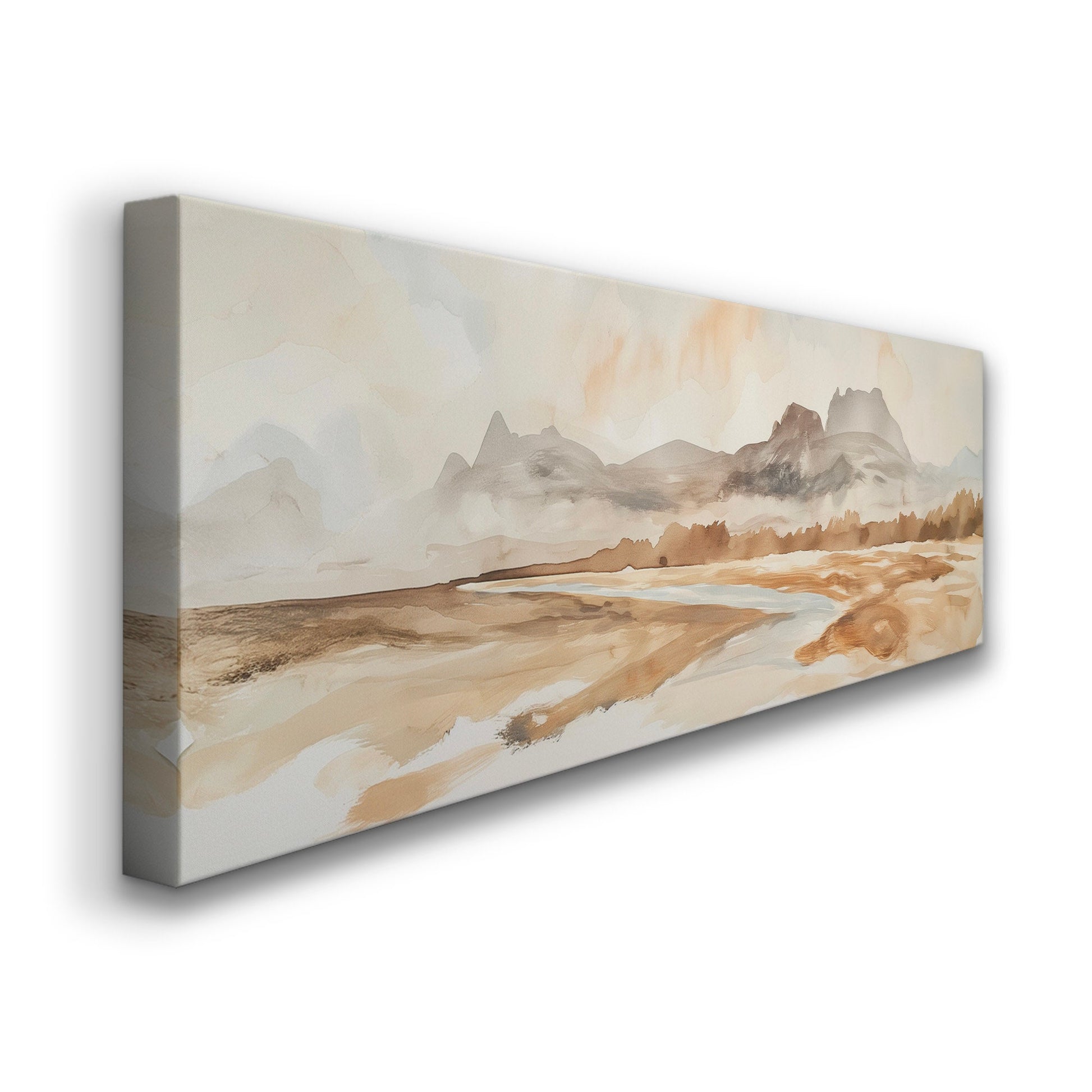 Muted Beach Above Bed Wall Art Watercolor, Panoramic Neutral Canvas Print, Minimal Long Horizontal Canvas Art