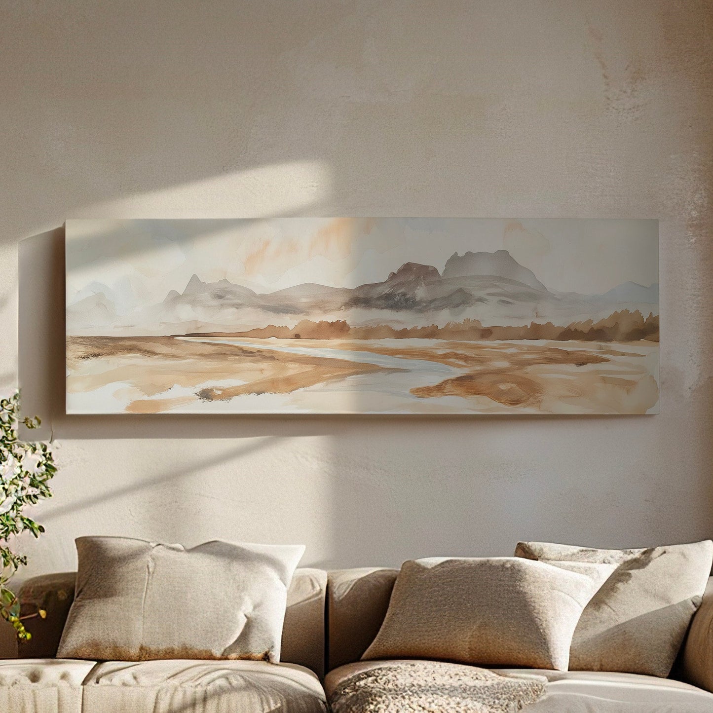 Muted Beach Above Bed Wall Art Watercolor, Panoramic Neutral Canvas Print, Minimal Long Horizontal Canvas Art