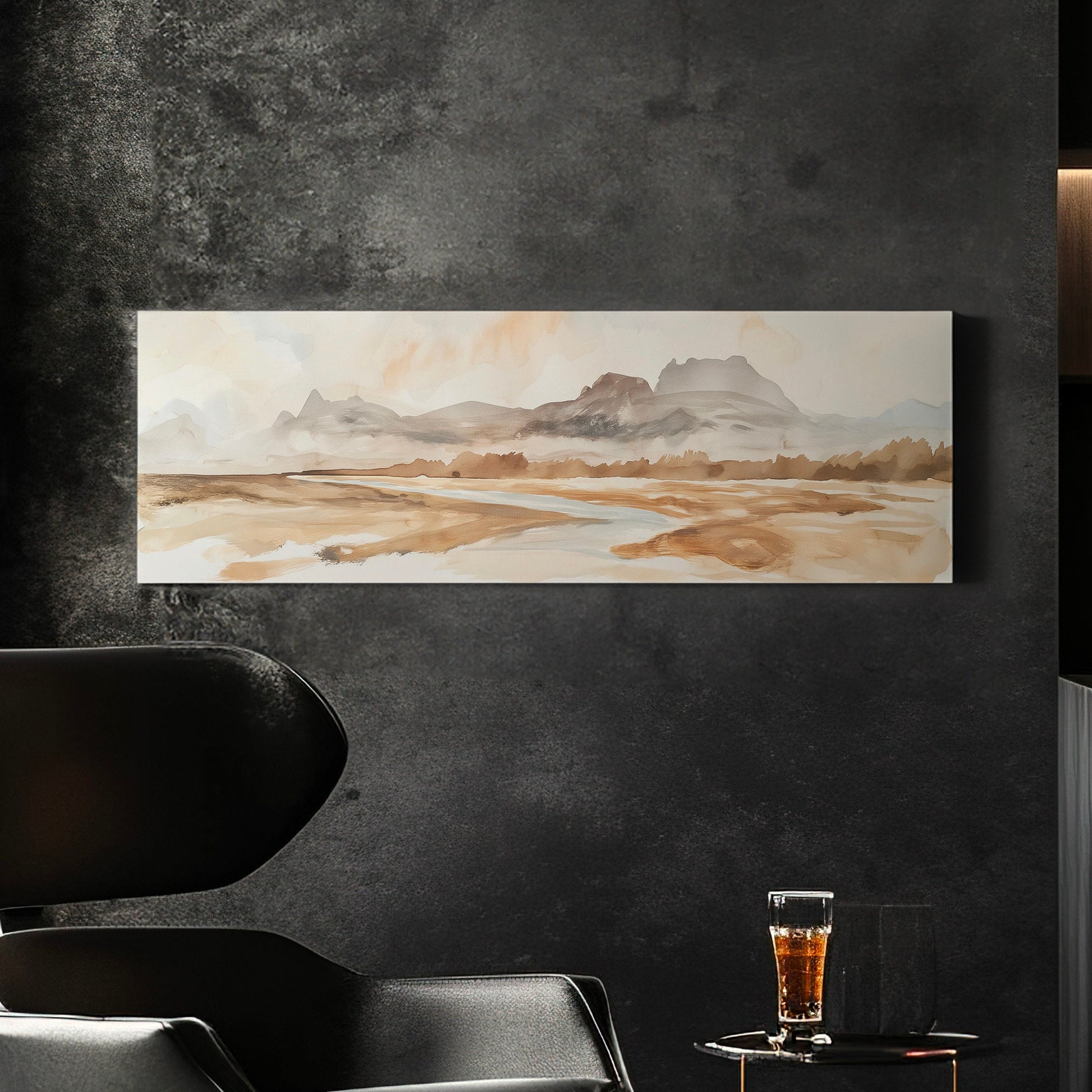 Muted Beach Above Bed Wall Art Watercolor, Panoramic Neutral Canvas Print, Minimal Long Horizontal Canvas Art