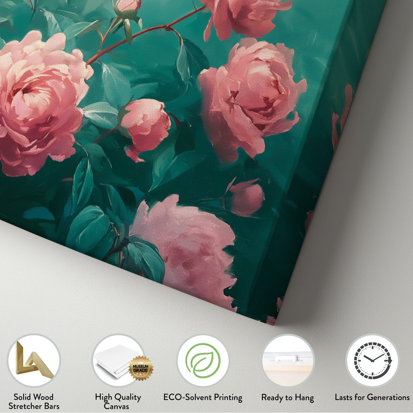 Peony Painting Long Horizontal Wall Art For Bedroom, Panoramic Floral Scene Canvas Print, Minimal Decor Canvas Art