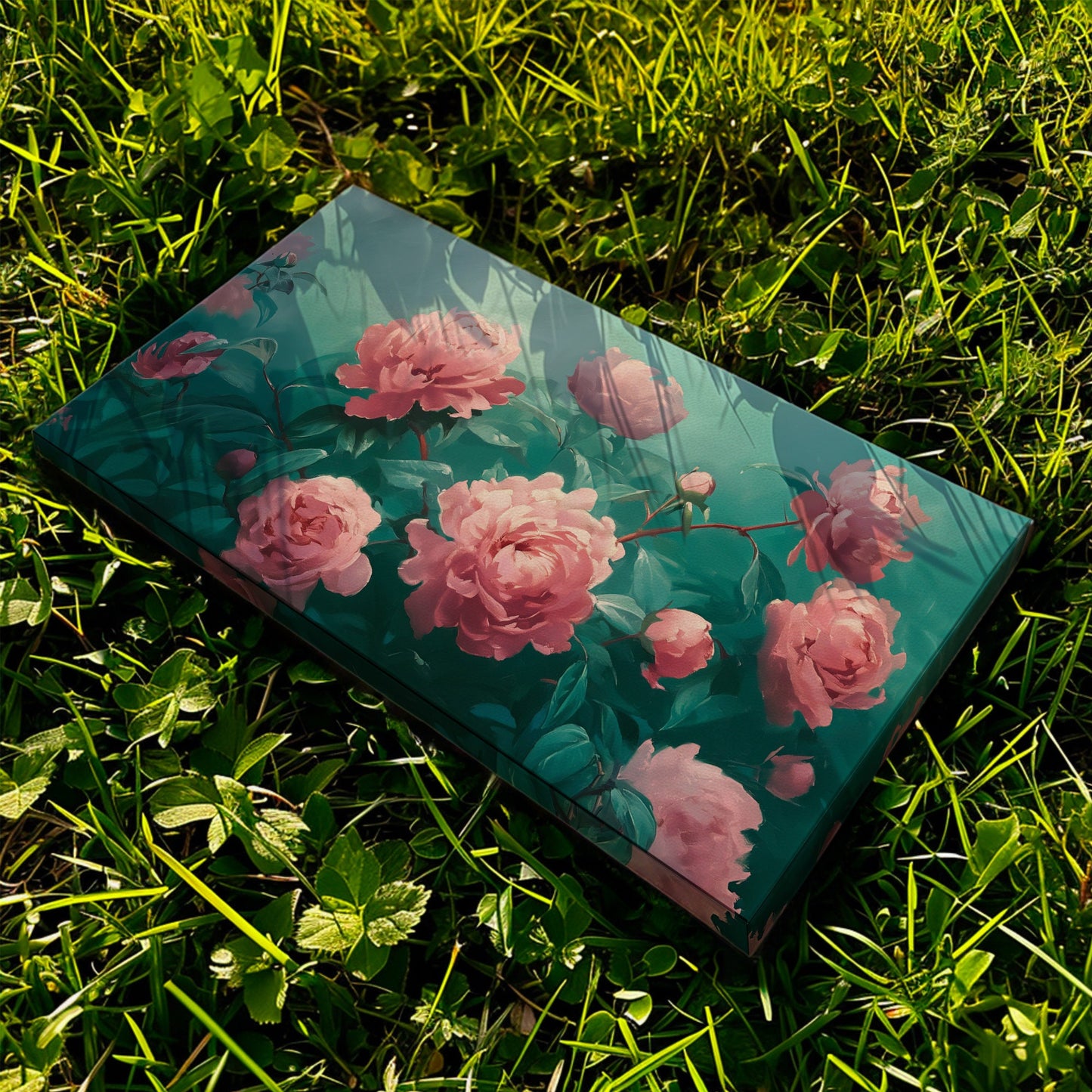 Peony Painting Long Horizontal Wall Art For Bedroom, Panoramic Floral Scene Canvas Print, Minimal Decor Canvas Art