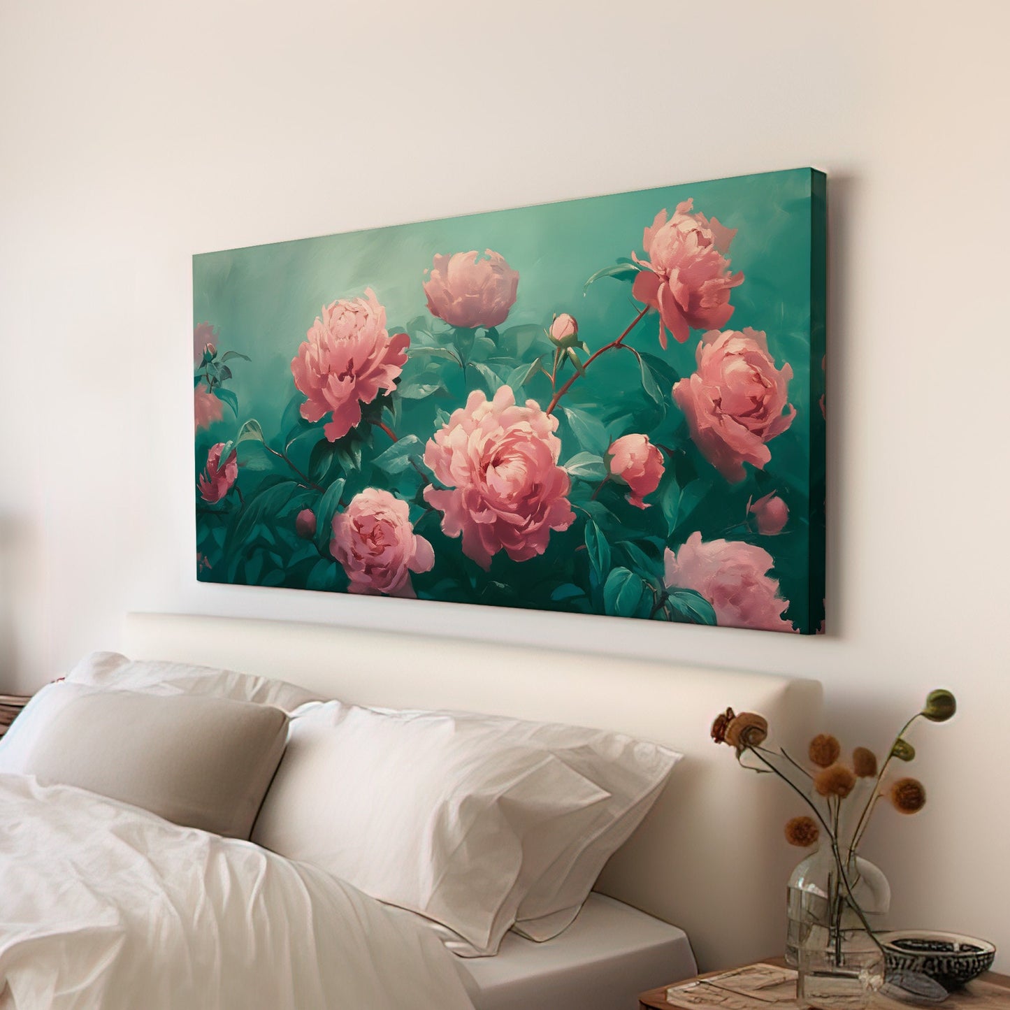 Peony Painting Long Horizontal Wall Art For Bedroom, Panoramic Floral Scene Canvas Print, Minimal Decor Canvas Art