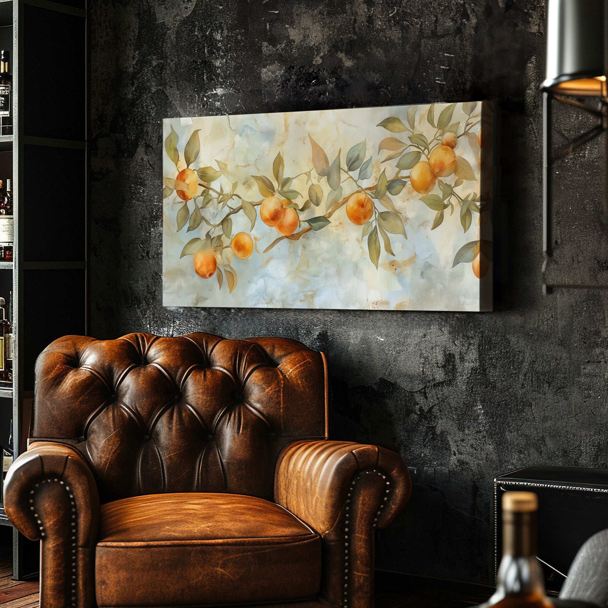 orange Tree Branch Long Horizontal Wall Art For Guestroom, Panoramic Fruit Field Canvas Print, Farmhouse Decor Canvas Art