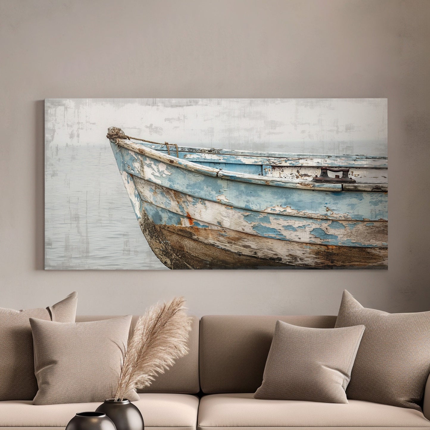 Old Wooden Boat Long Horizontal Wall Art For Lakehouse, Panoramic Coastal Canvas Print, Nautical Decor Canvas Art
