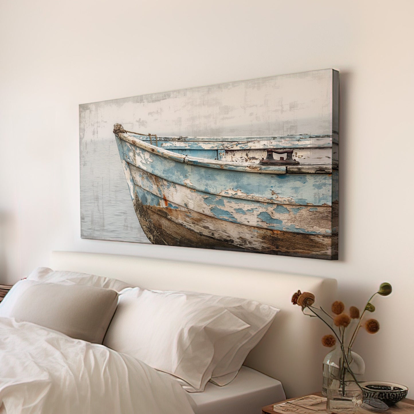 Old Wooden Boat Long Horizontal Wall Art For Lakehouse, Panoramic Coastal Canvas Print, Nautical Decor Canvas Art