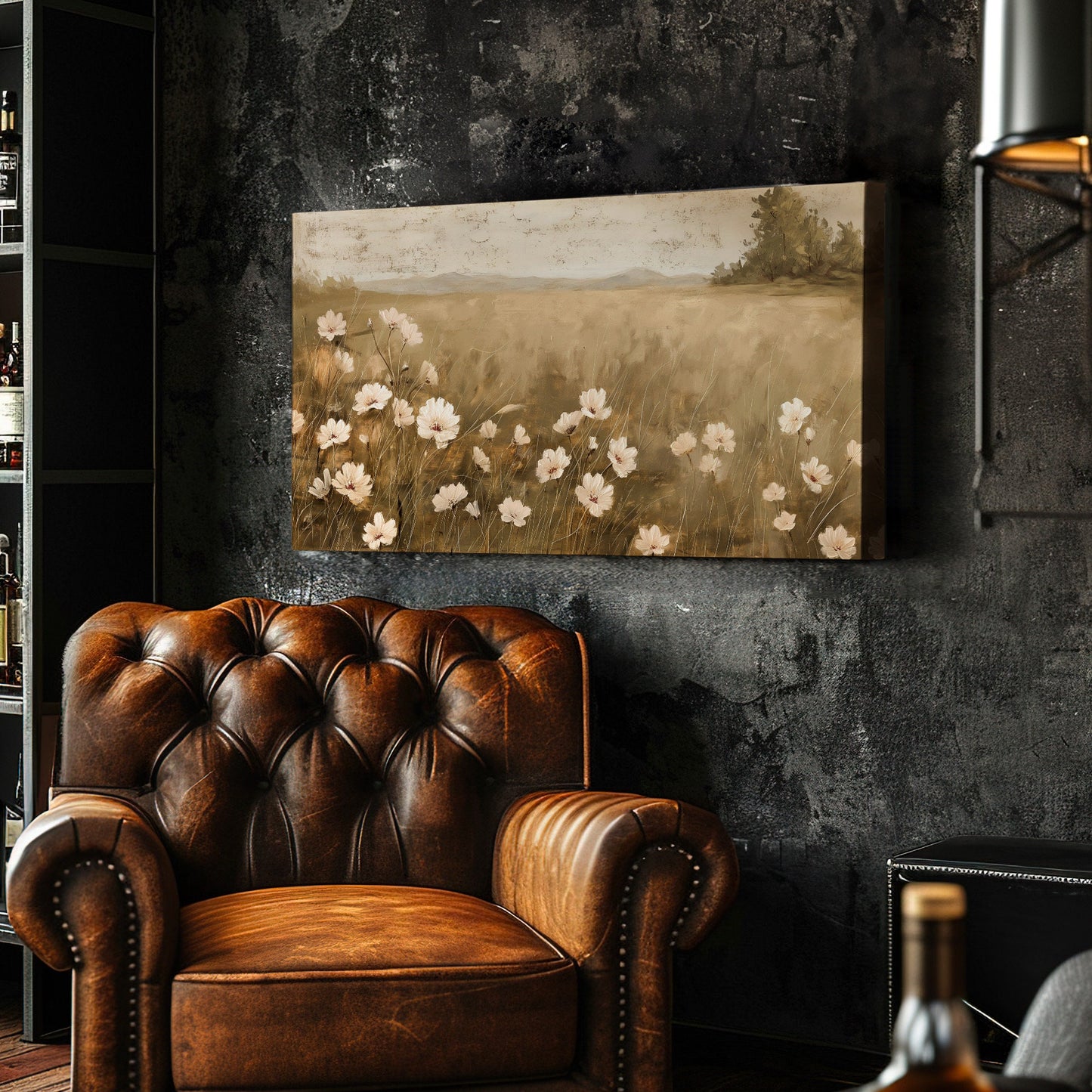 Neutral Wildflower Long Horizontal Wall Art For Guest Room, Panoramic Floral Field Canvas Print, Farmhouse Decor Canvas Art