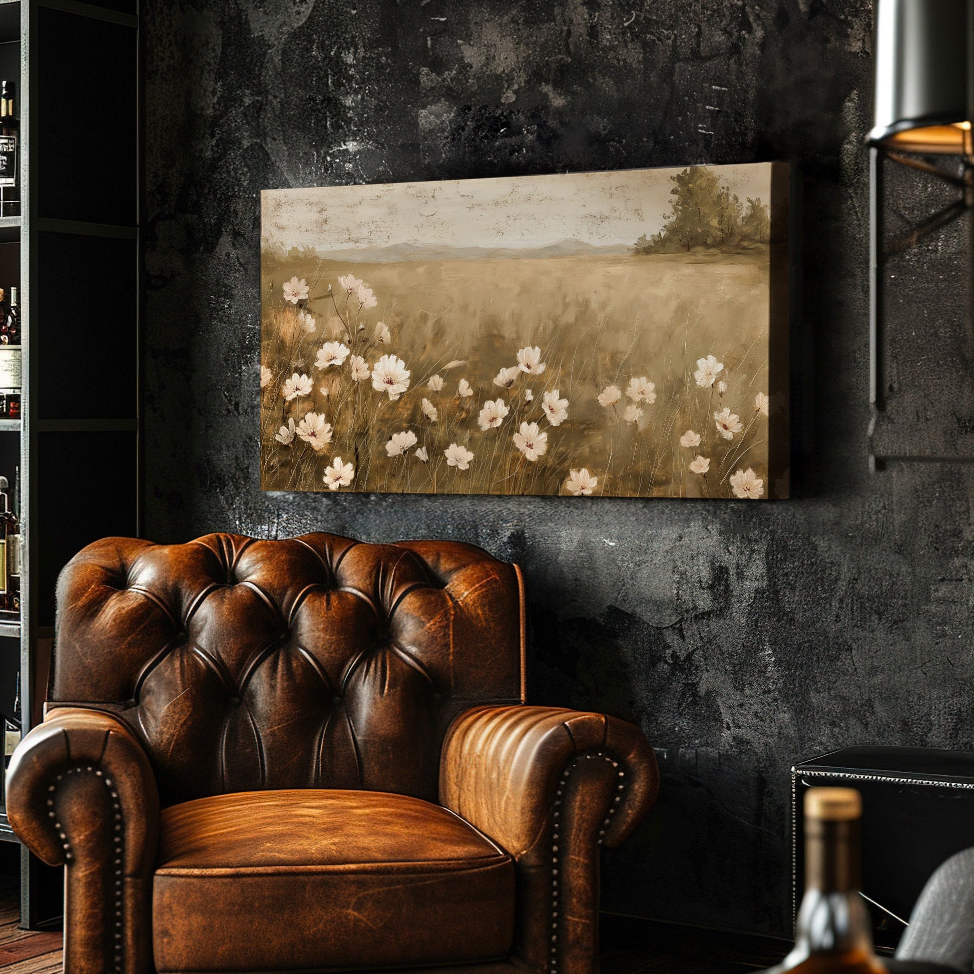 Neutral Wildflower Long Horizontal Wall Art For Guest Room, Panoramic Floral Field Canvas Print, Farmhouse Decor Canvas Art