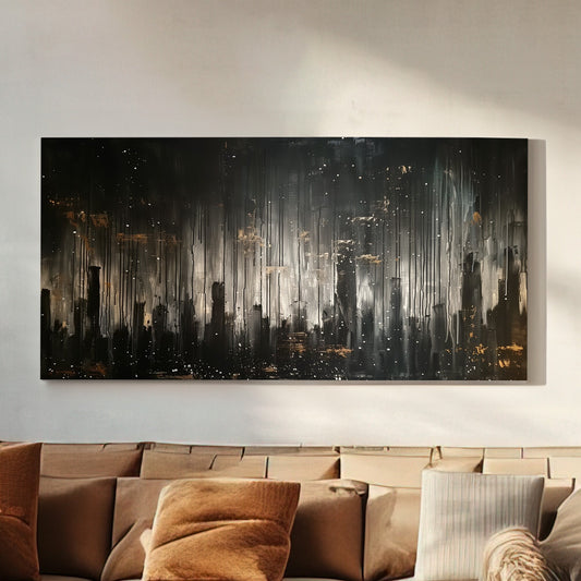 New York In The Rain Long Horizontal Wall Art For Bedroom, Panoramic Window Canvas Print, Stormy Weather Decor Canvas Art