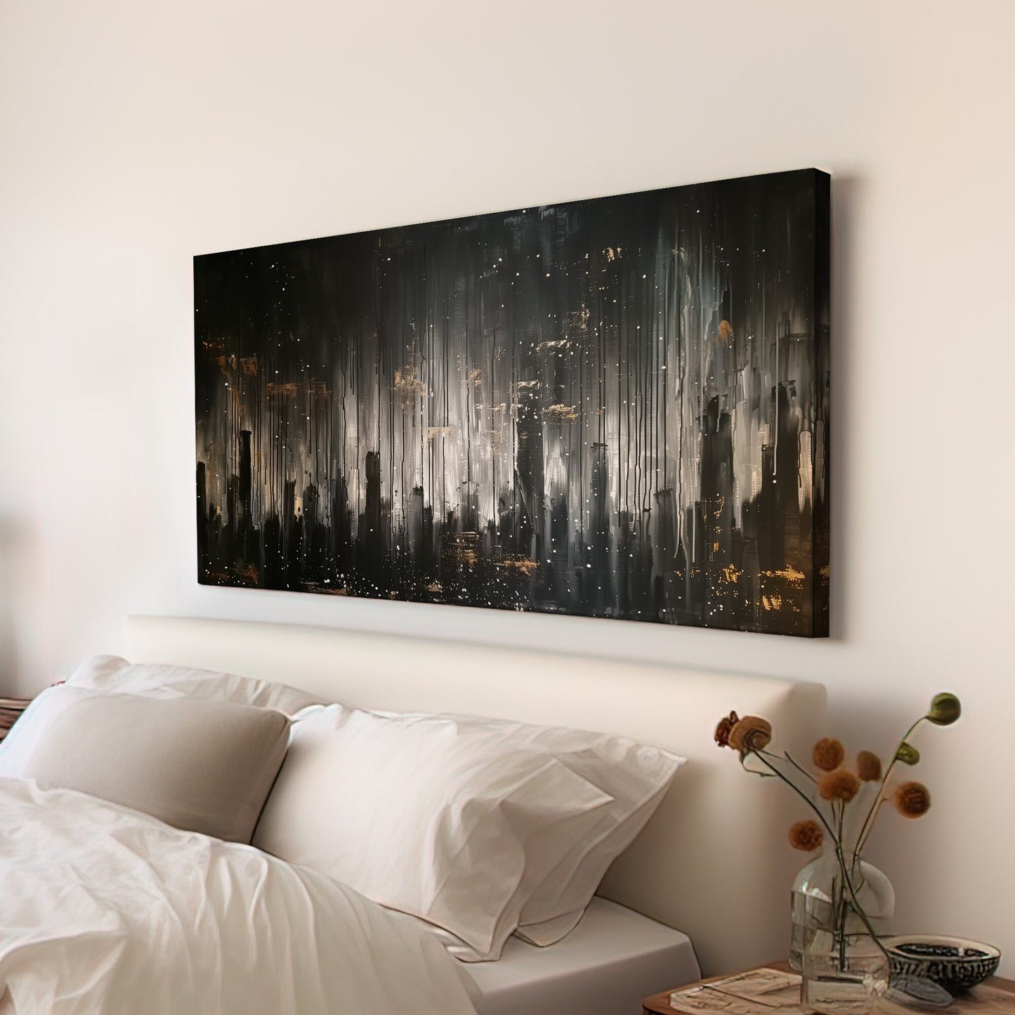New York In The Rain Long Horizontal Wall Art For Bedroom, Panoramic Window Canvas Print, Stormy Weather Decor Canvas Art