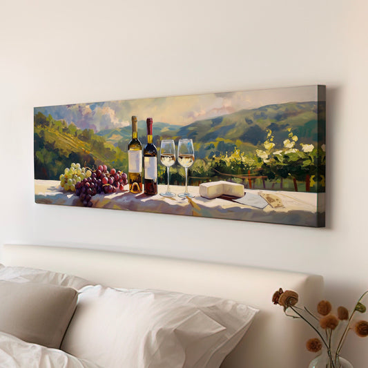 Wine Tasting Above Bed Wall Art Countryside, Panoramic Farmhouse Canvas Print, Vineyard Long Horizontal Canvas Art