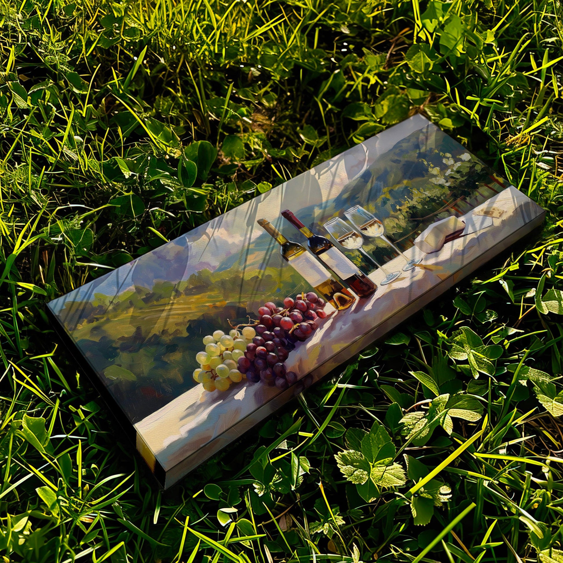 Wine Tasting Above Bed Wall Art Countryside, Panoramic Farmhouse Canvas Print, Vineyard Long Horizontal Canvas Art