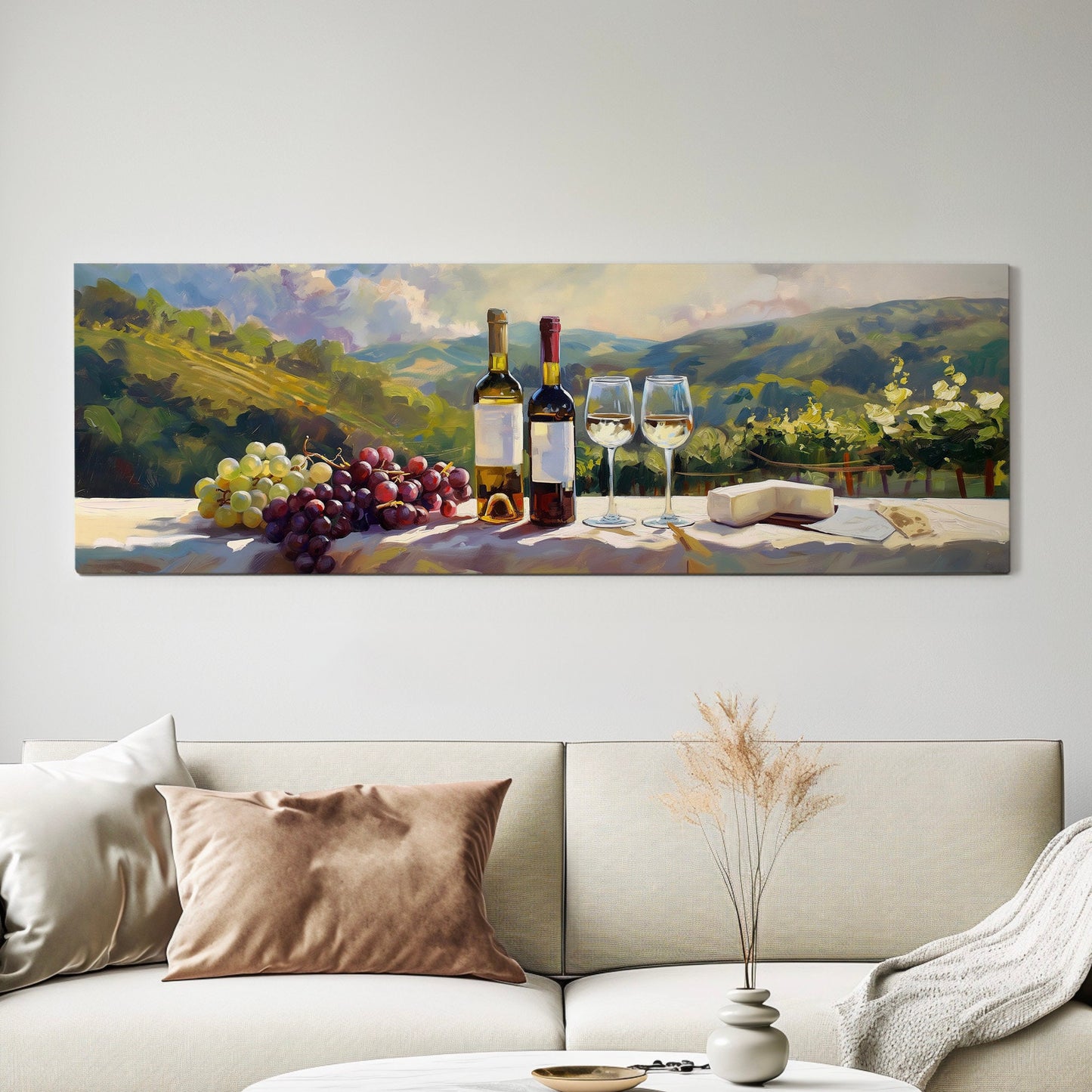 Wine Tasting Above Bed Wall Art Countryside, Panoramic Farmhouse Canvas Print, Vineyard Long Horizontal Canvas Art