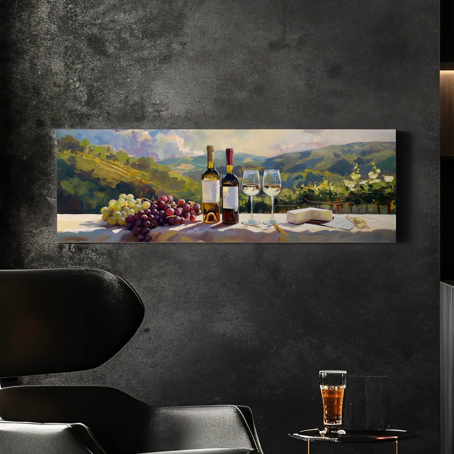 Wine Tasting Above Bed Wall Art Countryside, Panoramic Farmhouse Canvas Print, Vineyard Long Horizontal Canvas Art