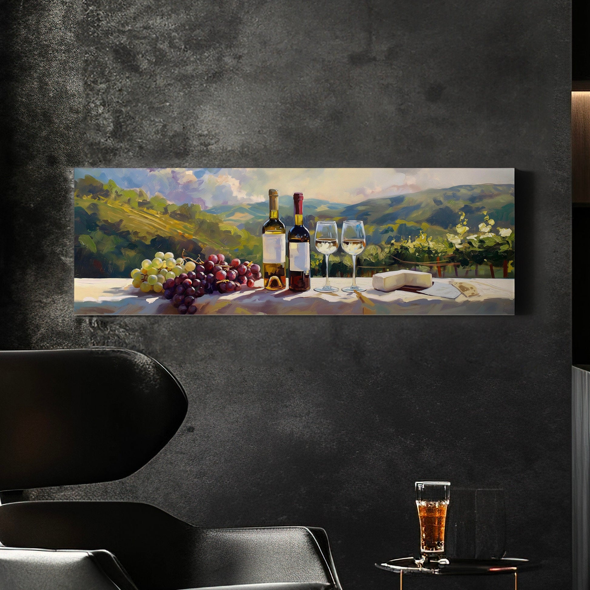 Wine Tasting Above Bed Wall Art Countryside, Panoramic Farmhouse Canvas Print, Vineyard Long Horizontal Canvas Art