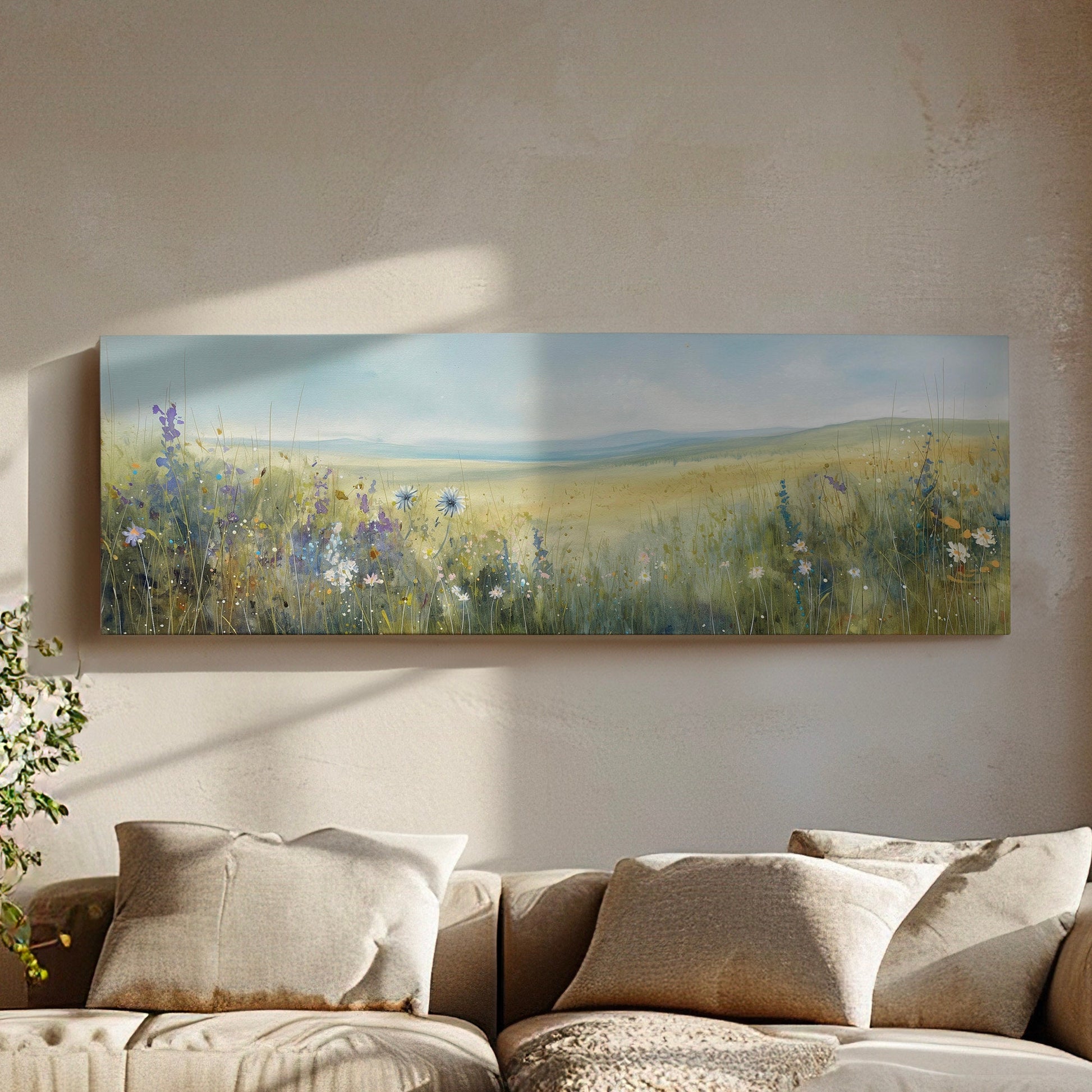 Wildflower Field Above Bed Wall Art Spring Meadow, Panoramic Peaceful Canvas Print, Nature Long Horizontal Canvas Art