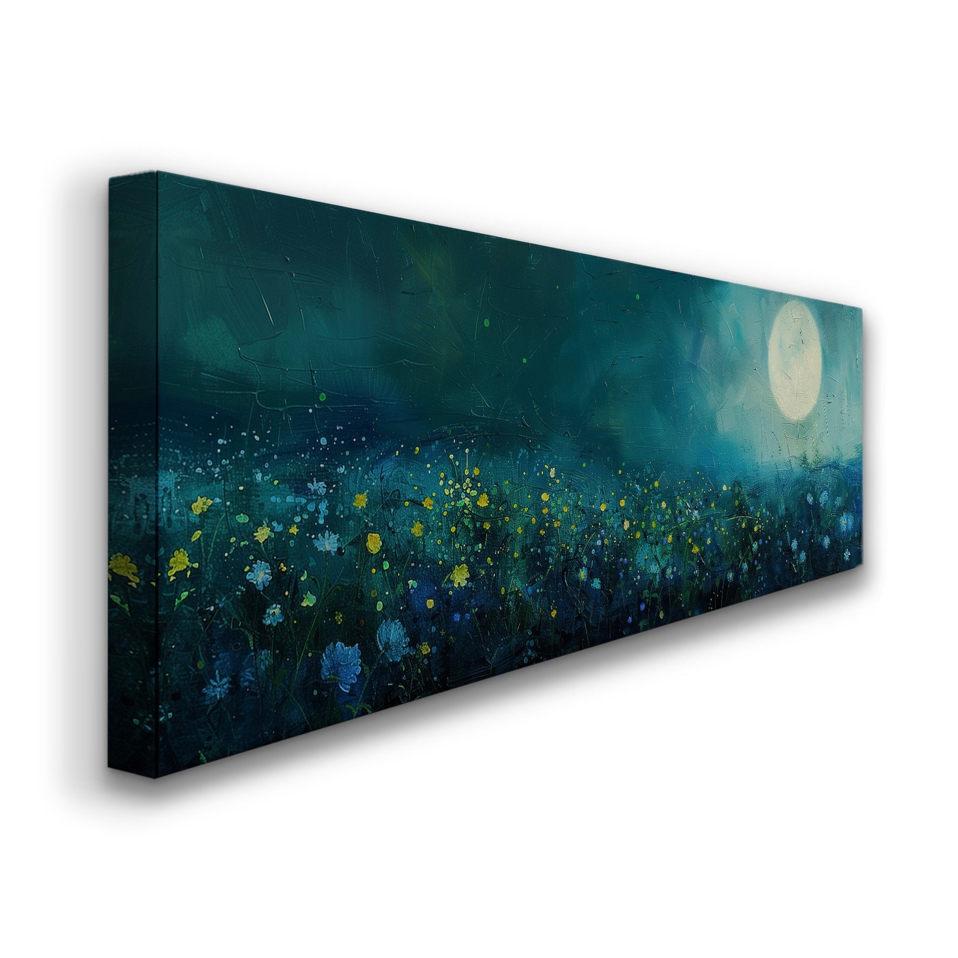 Wildflower Field Above Bed Wall Art Full Moon, Panoramic Nature Canvas Print, Mystical Long Horizontal Canvas Art
