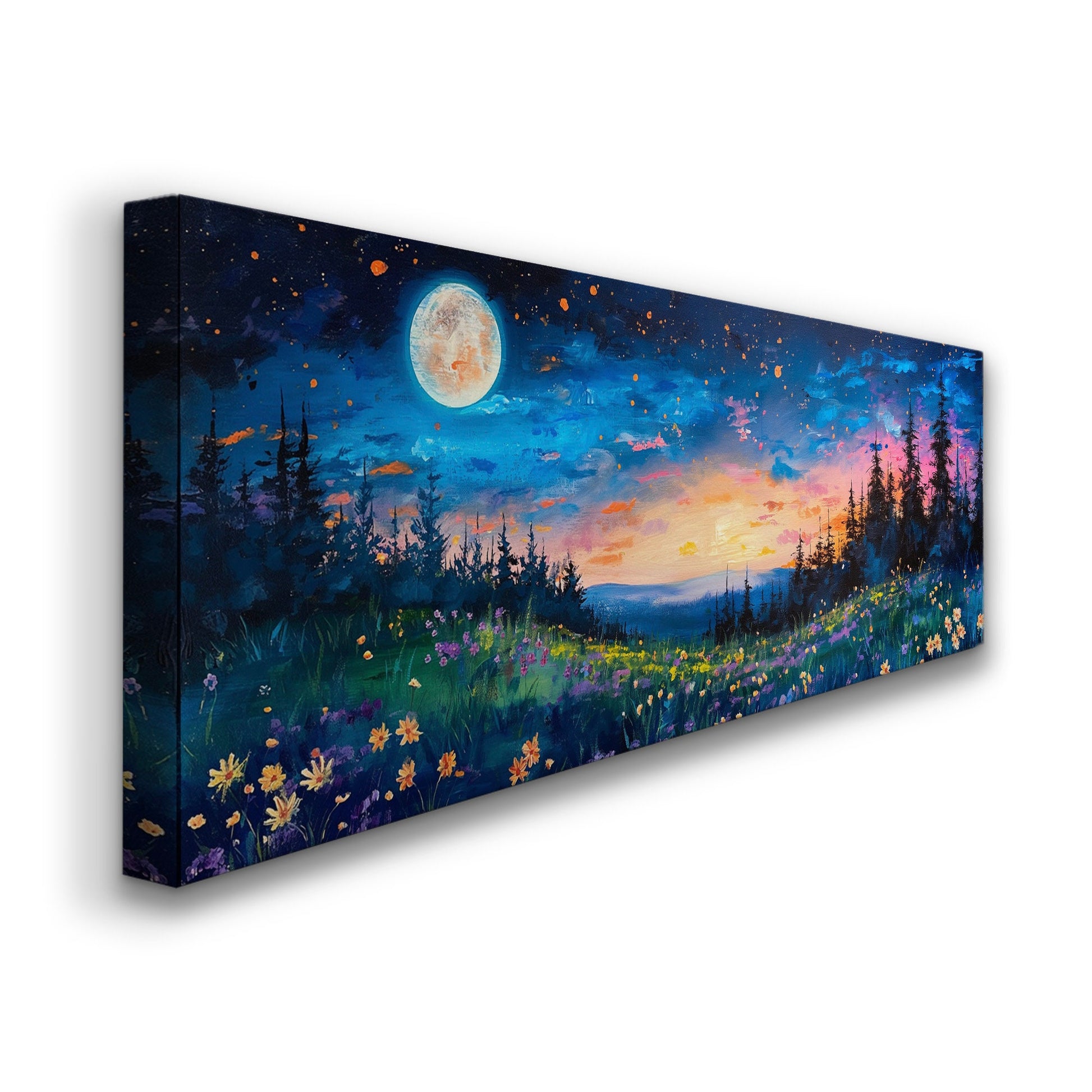 Wildflower Field By The Forest Above Bed Wall Art Full Moon, Panoramic Nature Canvas Print, Mystical Long Horizontal Canvas Art