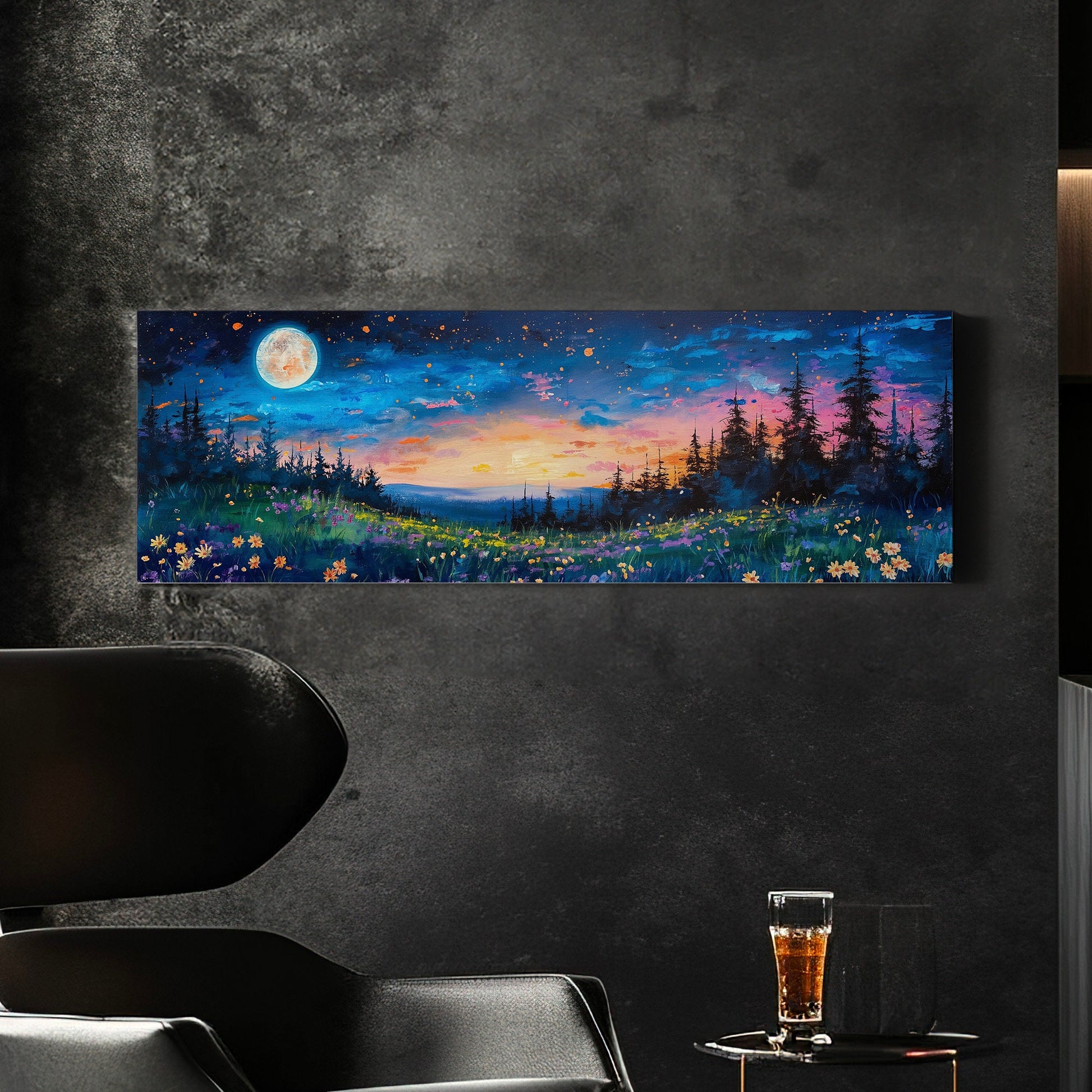 Wildflower Field By The Forest Above Bed Wall Art Full Moon, Panoramic Nature Canvas Print, Mystical Long Horizontal Canvas Art