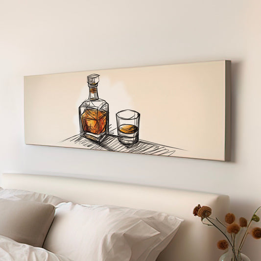 Whiskey Drawing Above Bed Wall Art Bourbon Bar, Panoramic Scotch Canvas Print, Man Cave Long Horizontal Canvas Art