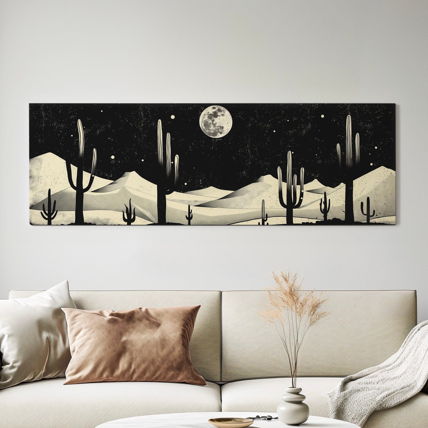 Western Cactus Above Bed Wall Art Southwestern, Panoramic Cowboy Canvas Print, Landscape Long Horizontal Canvas Art