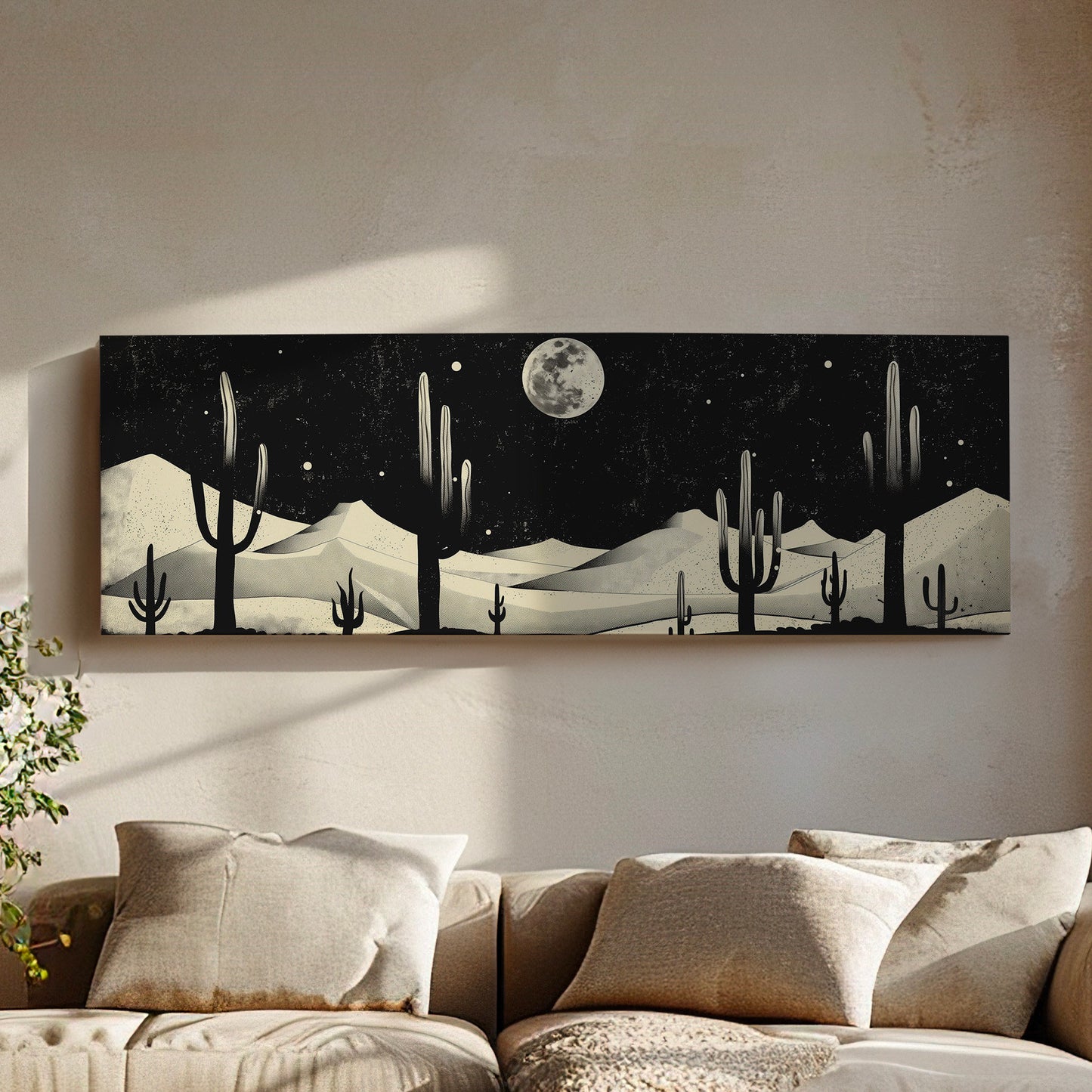 Western Cactus Above Bed Wall Art Southwestern, Panoramic Cowboy Canvas Print, Landscape Long Horizontal Canvas Art