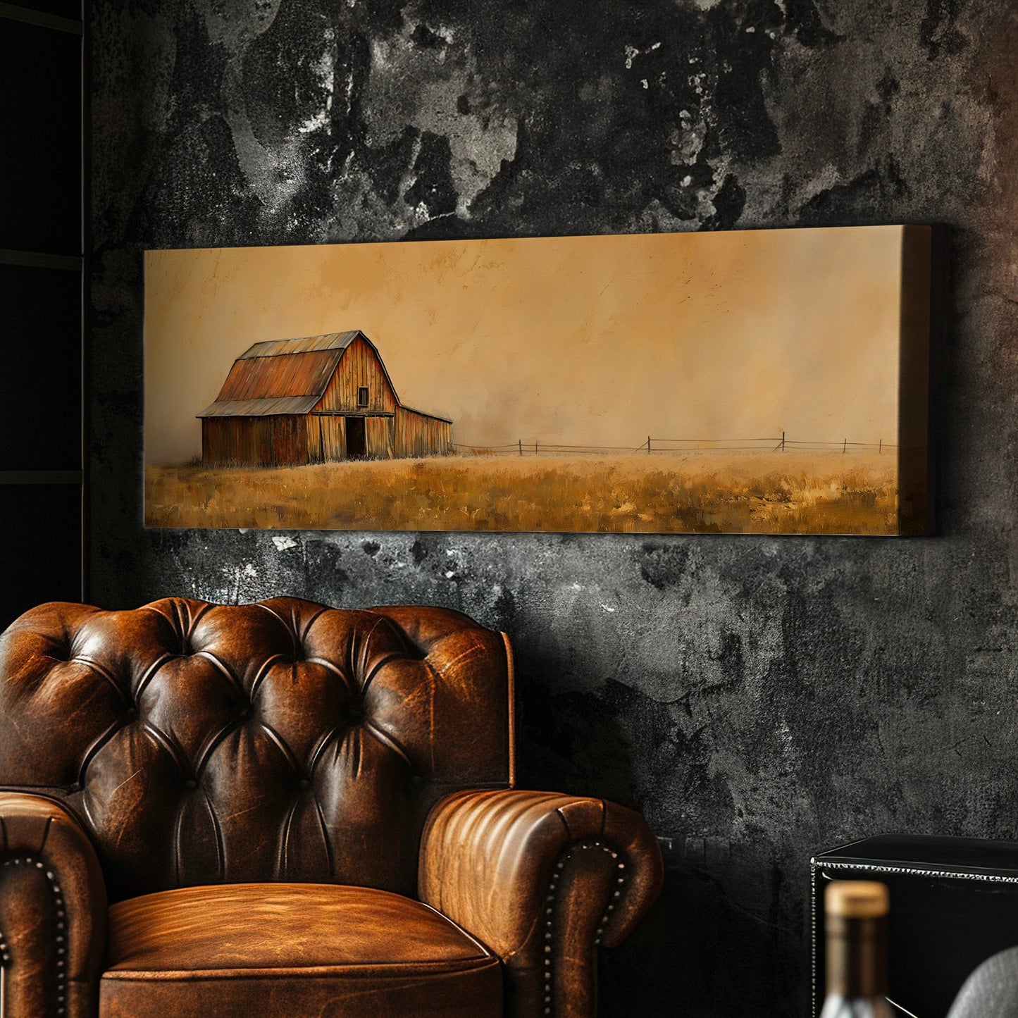 Vintage Barn Above Bed Wall Art Countryside, Panoramic Farmhouse Canvas Print, Wheat Field Long Horizontal Canvas Art