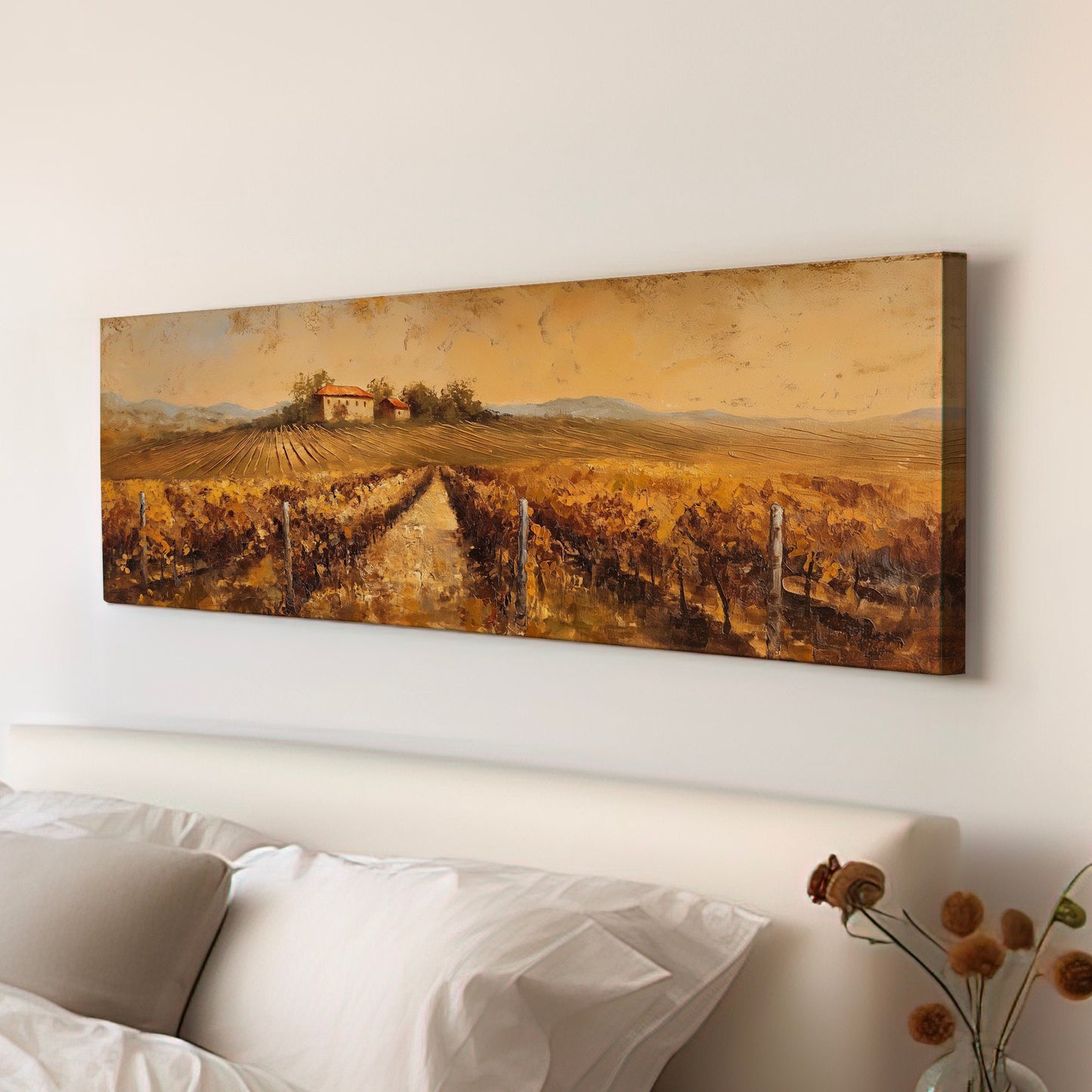 Vineyard Ladnscape Above Bed Wall Art Countryside, Panoramic Farmhouse Canvas Print, Field Long Horizontal Canvas Art